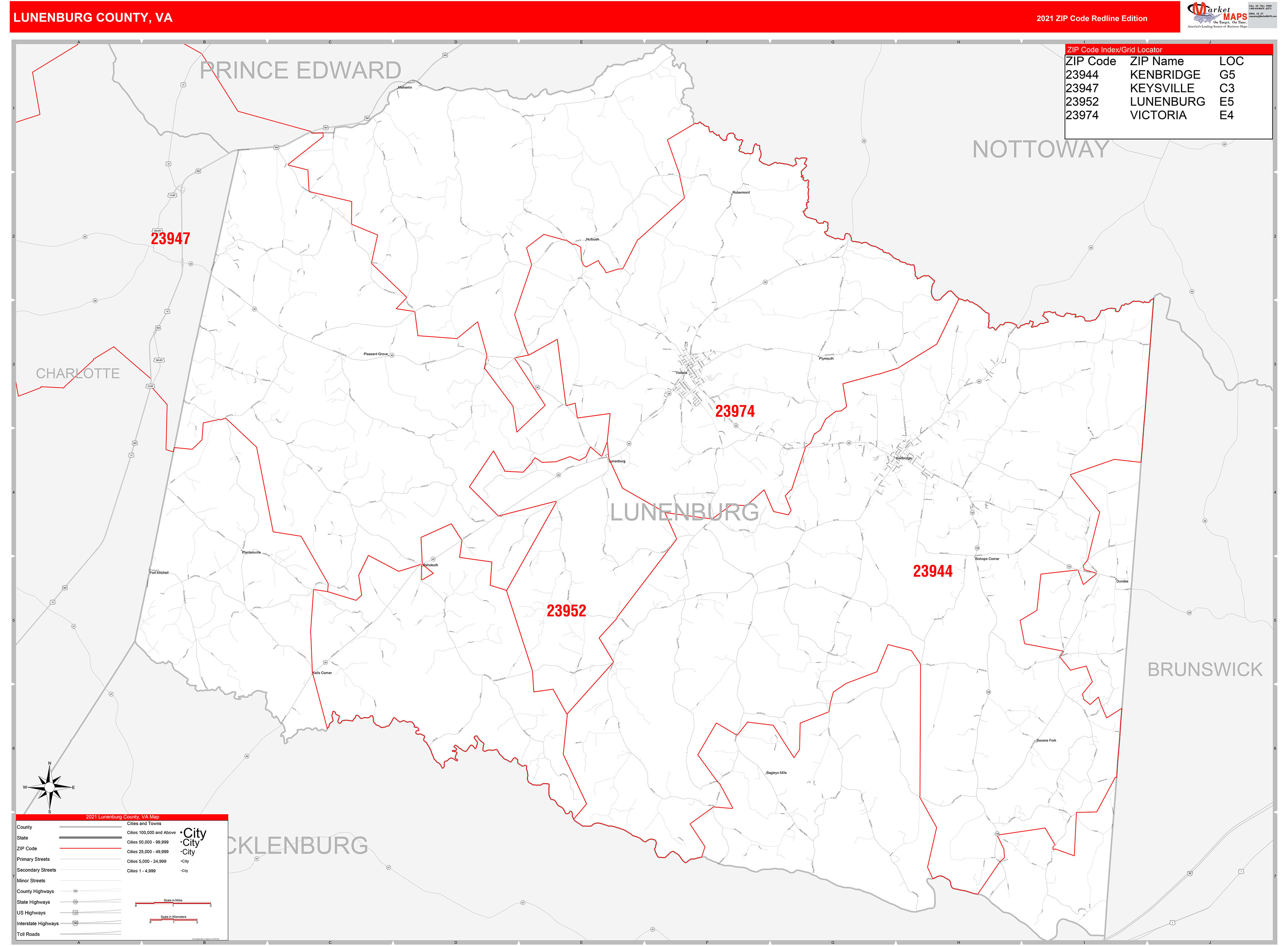 Lunenburg County, VA Zip Code Wall Map Red Line Style by MarketMAPS