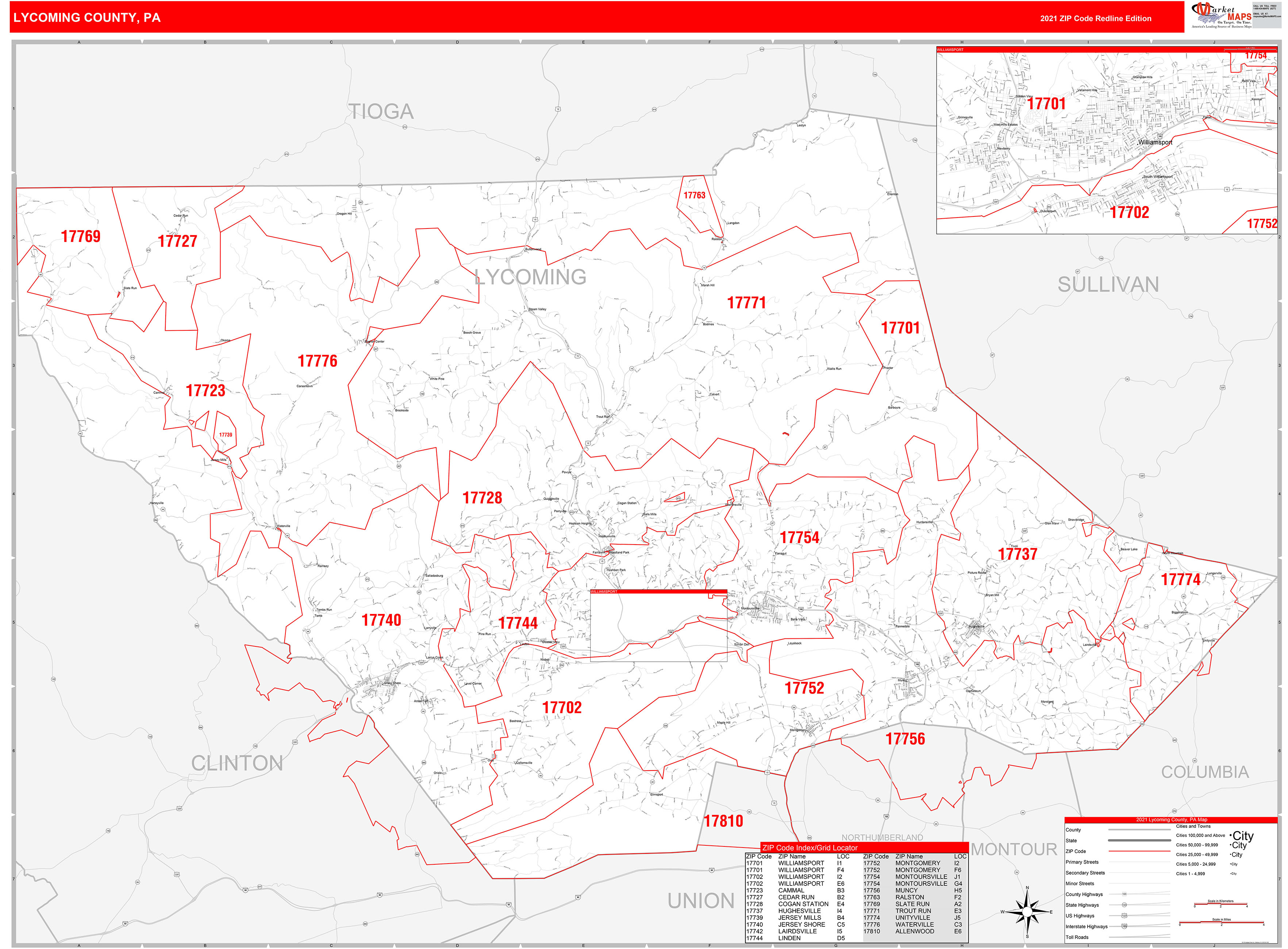 County, PA Zip Code Wall Map Red Line Style by MarketMAPS