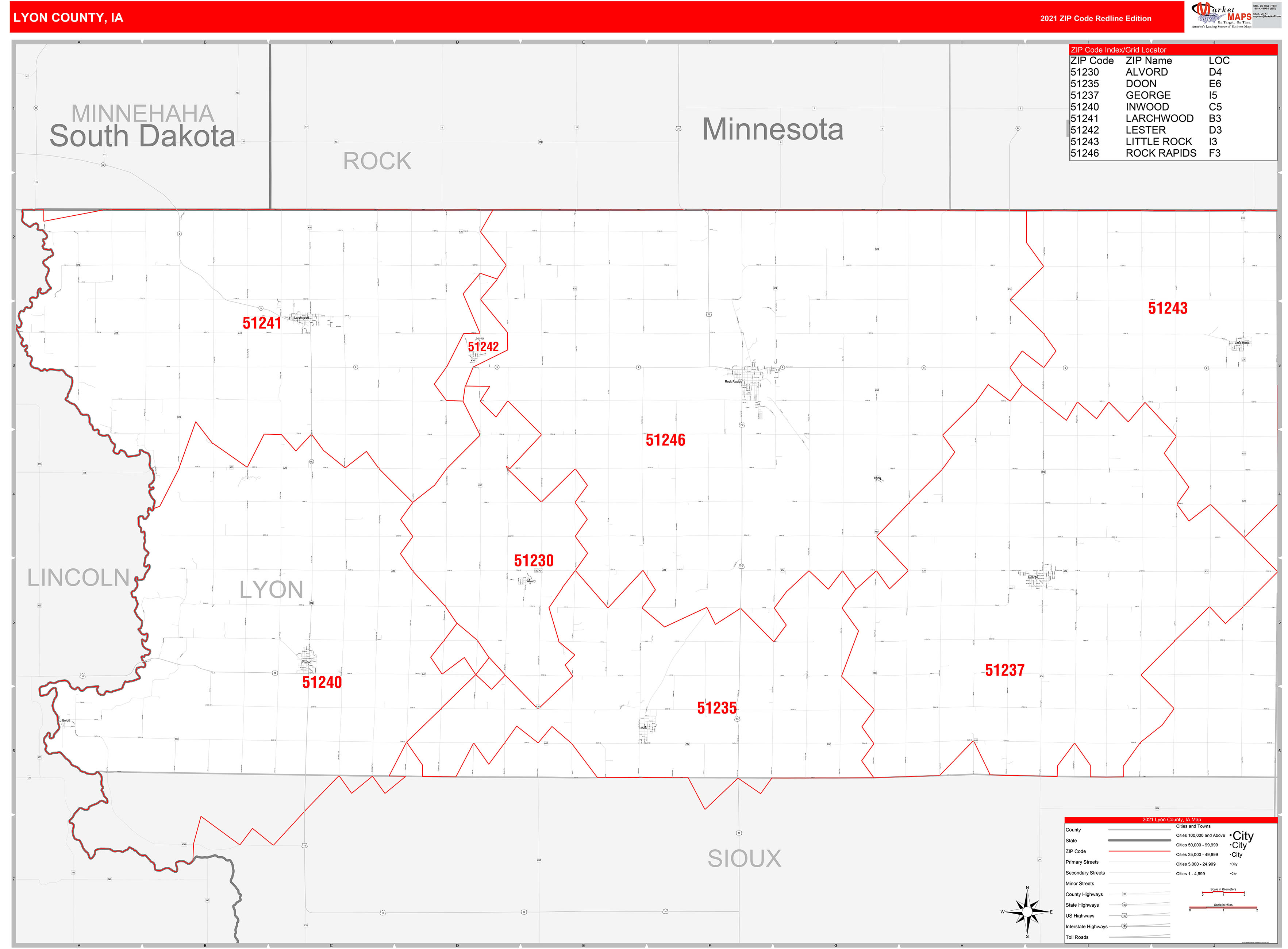 Lyon County, IA Zip Code Wall Map Red Line Style by MarketMAPS