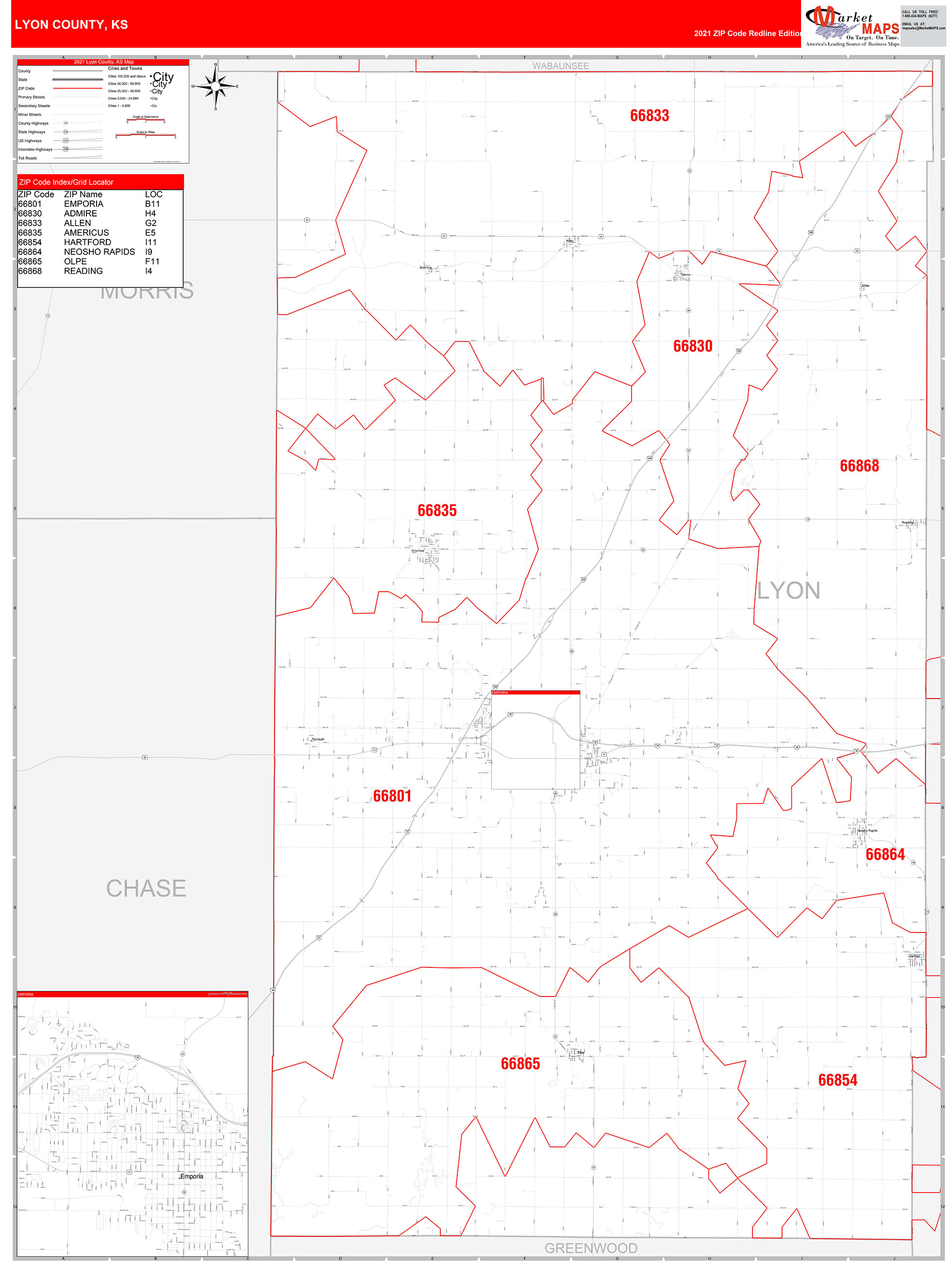 Lyon County, KS Zip Code Wall Map Red Line Style by MarketMAPS