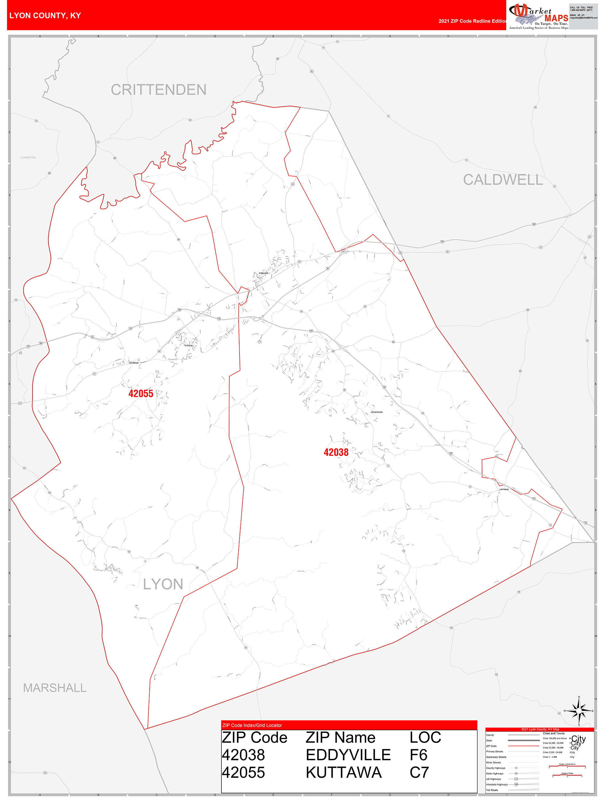 Lyon County, KY Zip Code Wall Map Red Line Style by MarketMAPS
