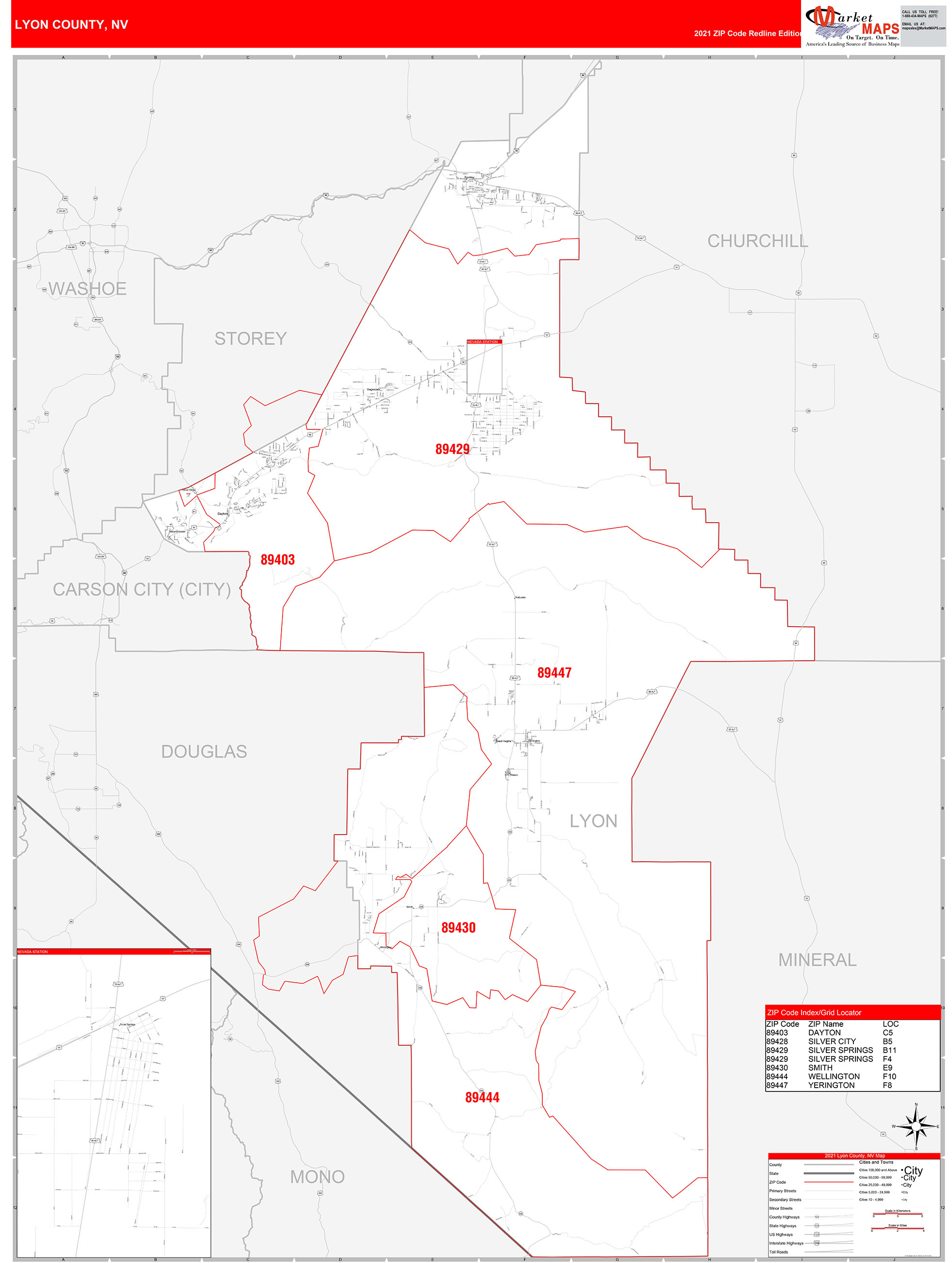 Lyon County, NV Zip Code Wall Map Red Line Style by MarketMAPS MapSales