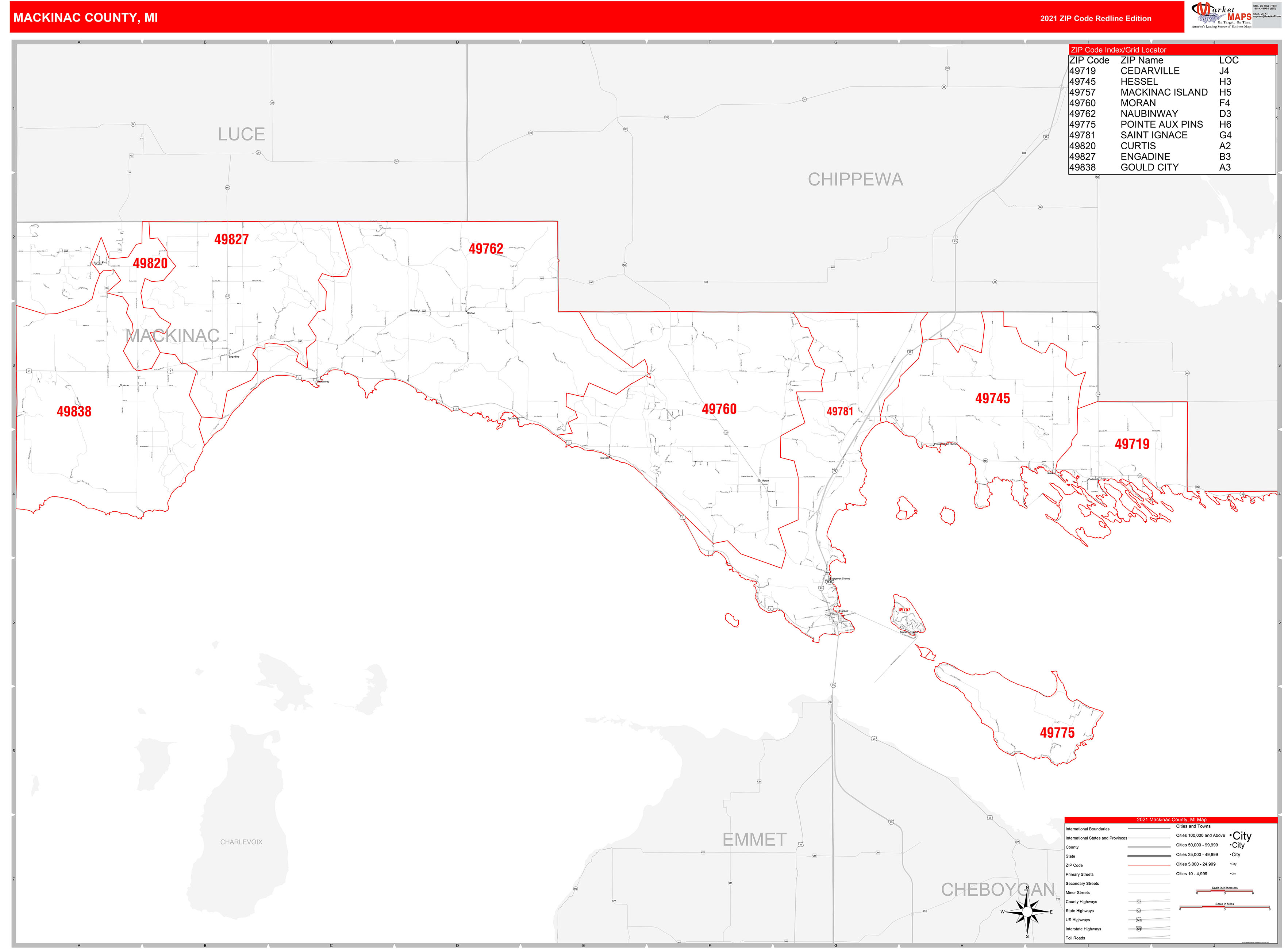Mackinac County, MI Zip Code Wall Map Red Line Style by MarketMAPS