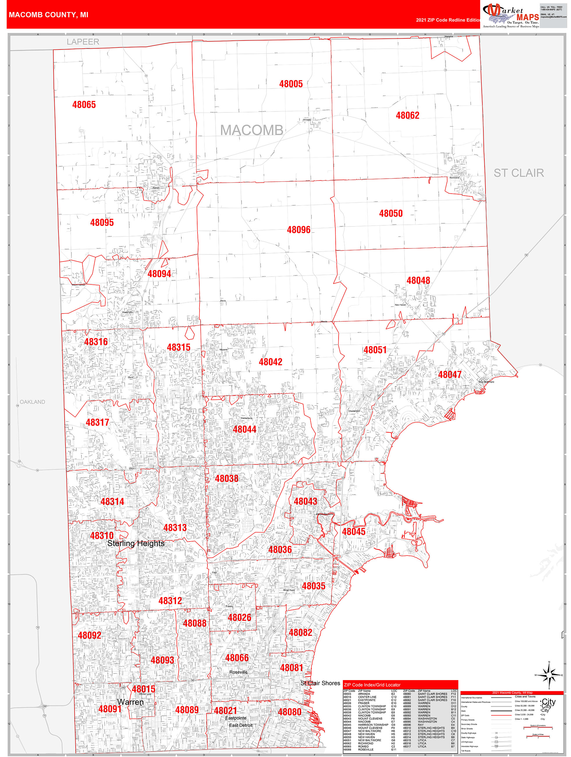 Macomb County MI Zip Code Wall Map Red Line Style by MarketMAPS MapSales