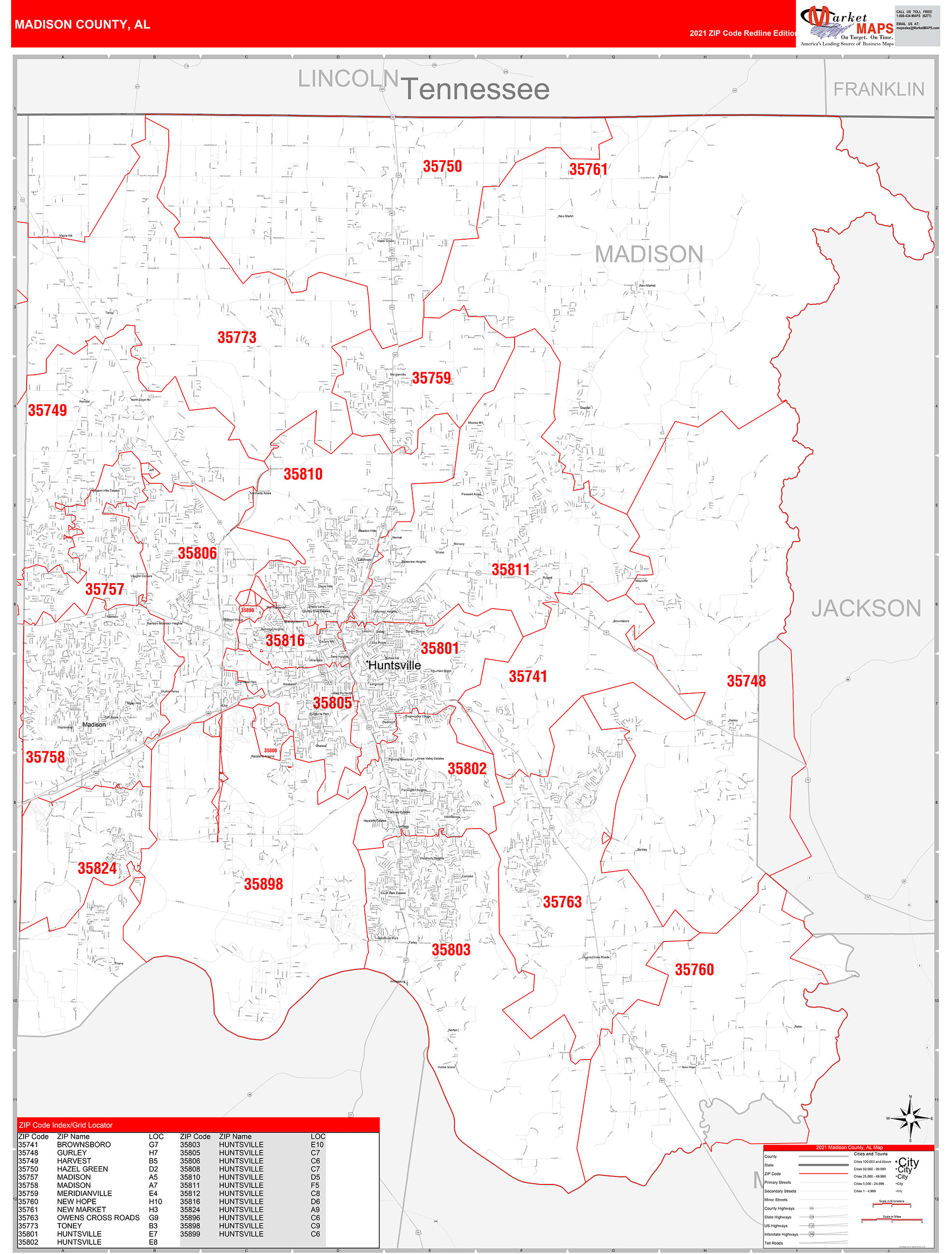 Madison County Al Zip Code Wall Map Red Line Style By Marketmaps