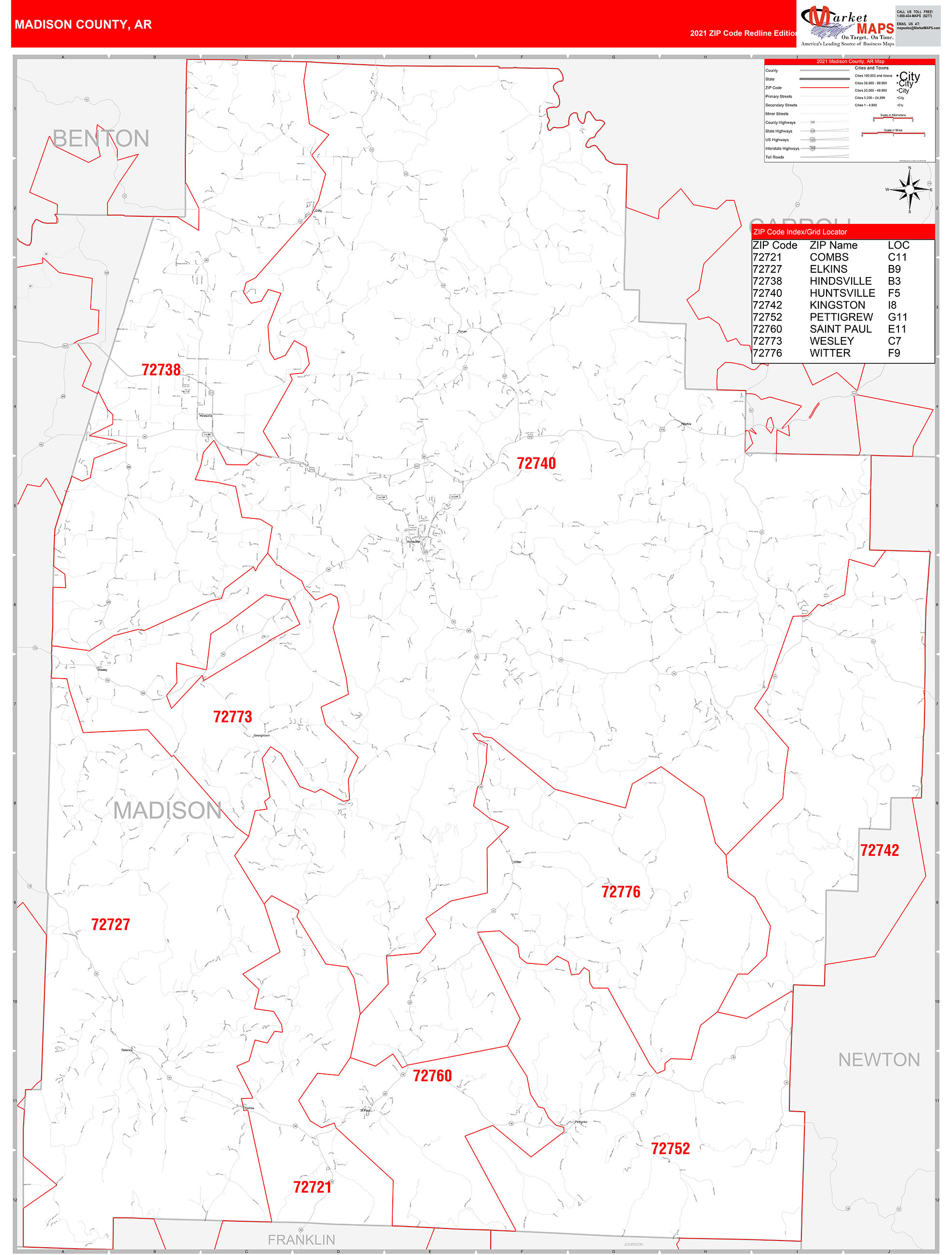 Madison County, AR Zip Code Wall Map Red Line Style by MarketMAPS