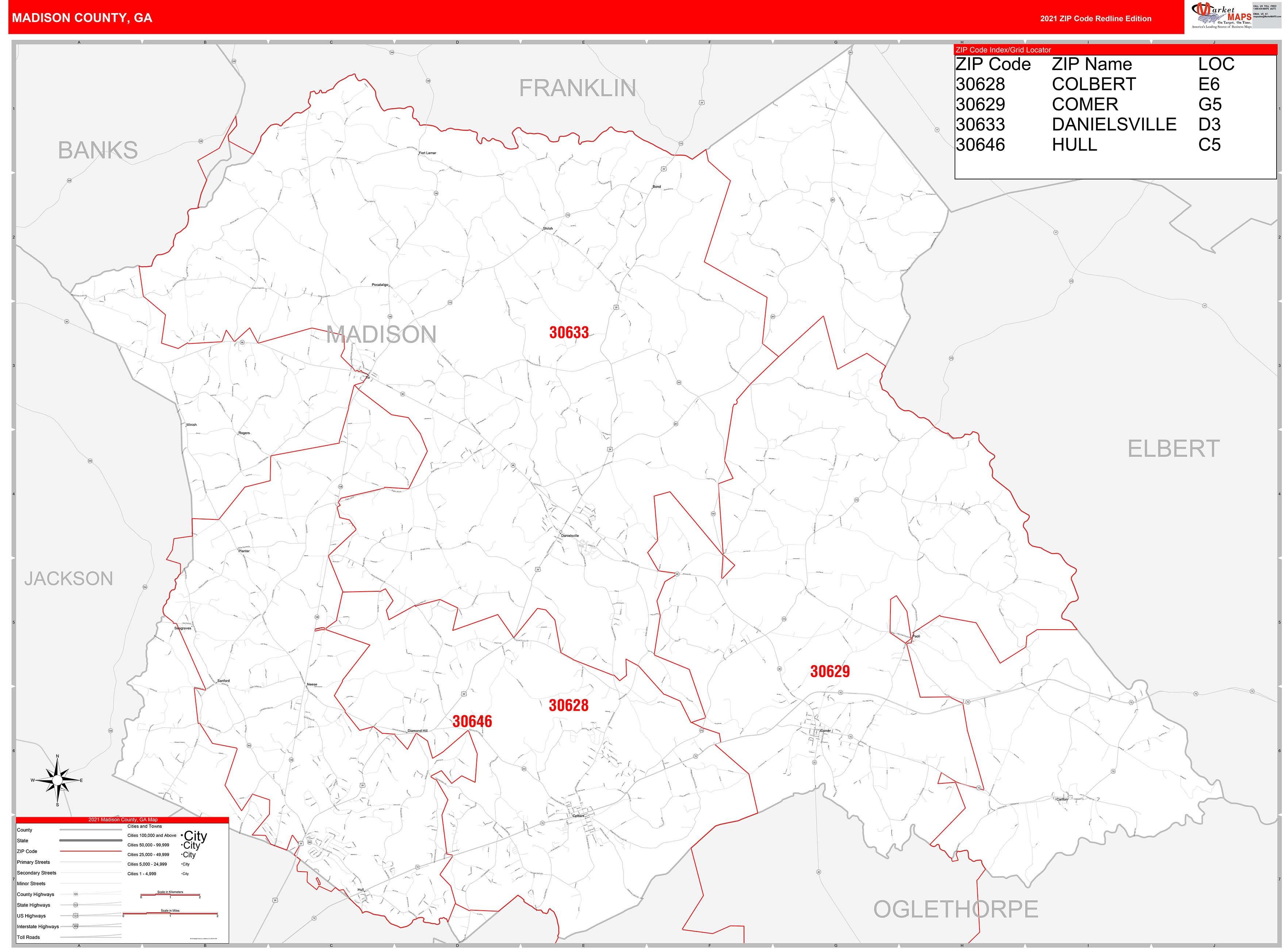 Madison County, GA Zip Code Wall Map Red Line Style by MarketMAPS