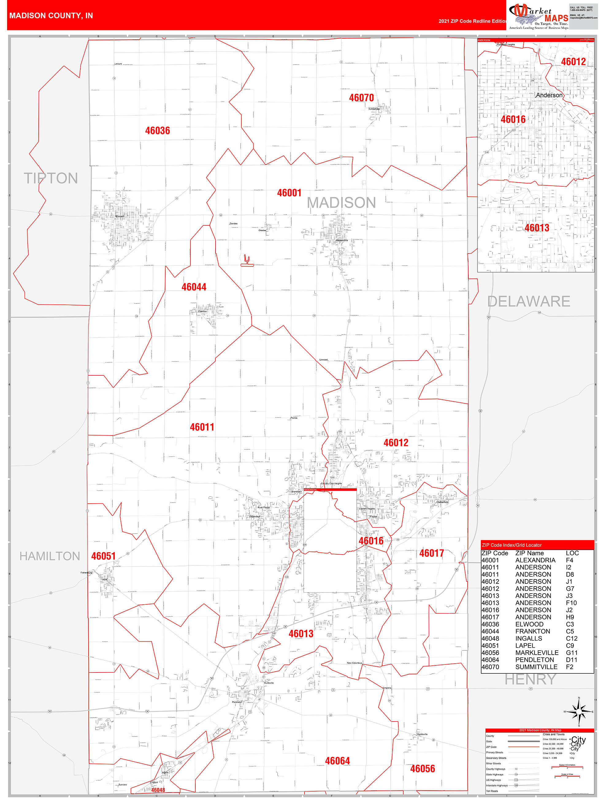 Zip Code For Madison Ms Madison County, IN Zip Code Wall Map Red Line Style by MarketMAPS