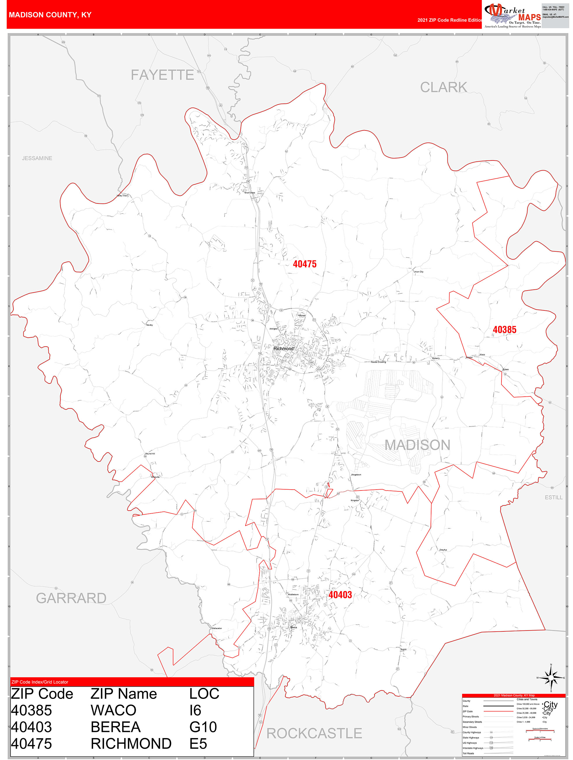 Madison County, KY Zip Code Wall Map Red Line Style by MarketMAPS