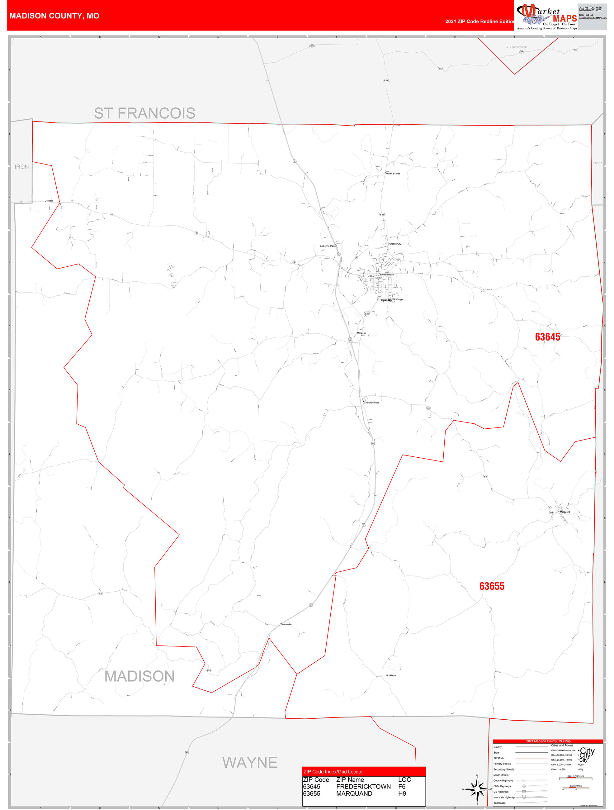 Madison County, MO Zip Code Wall Map Red Line Style by MarketMAPS