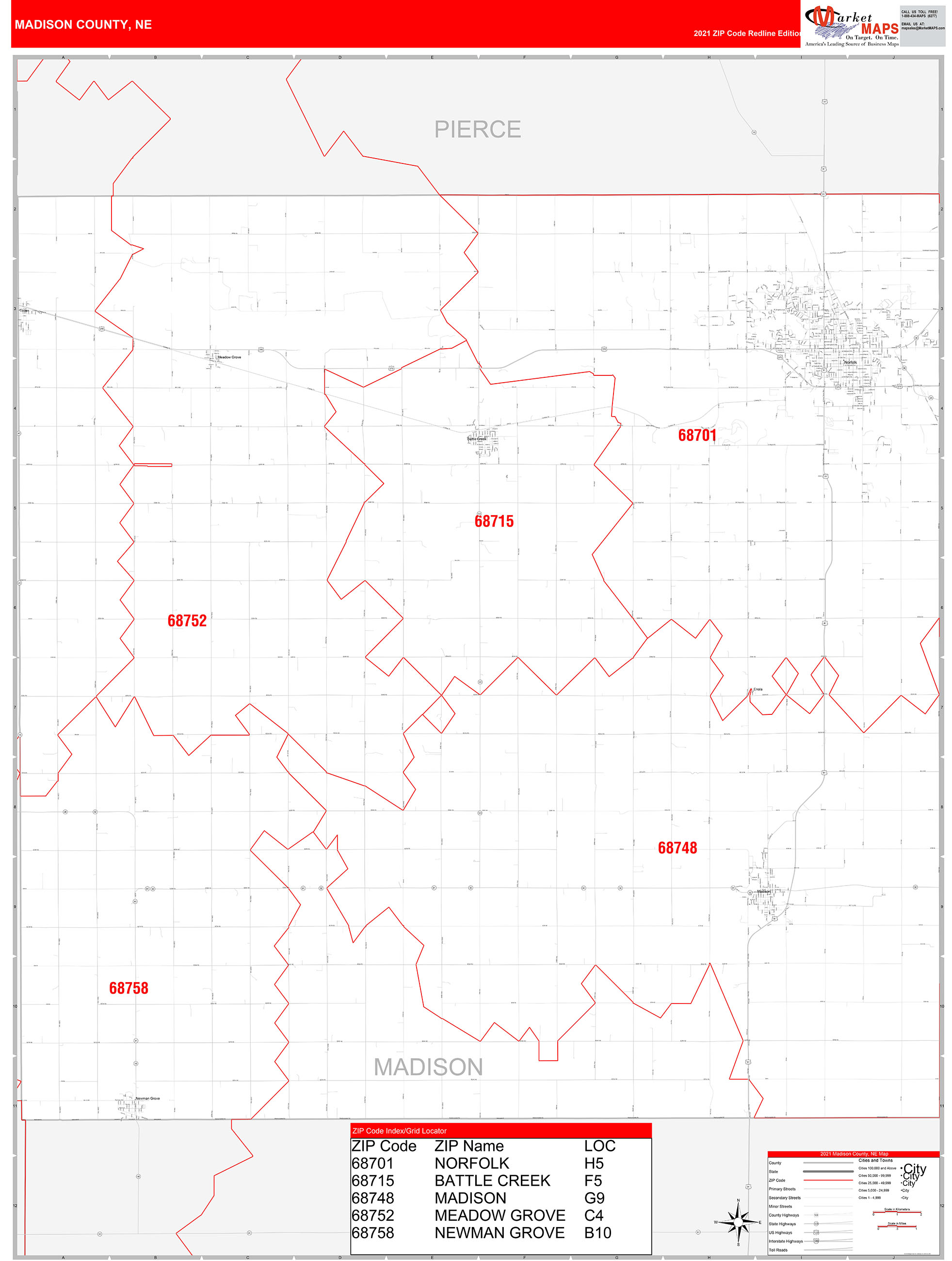 Madison County, NE Zip Code Wall Map Red Line Style by MarketMAPS