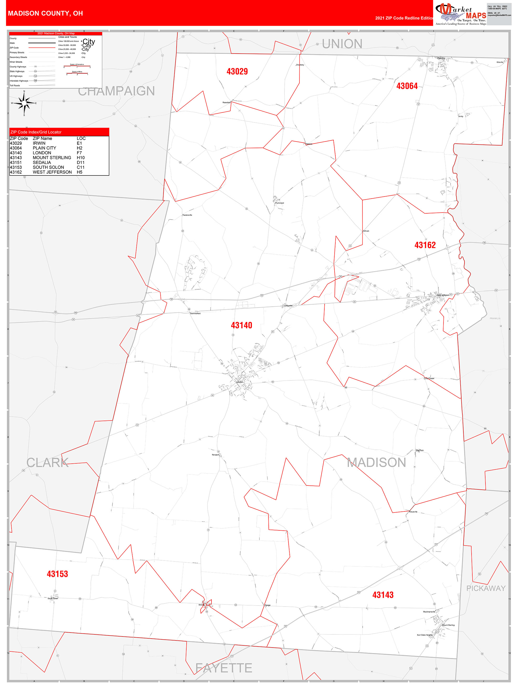 Madison County, OH Zip Code Wall Map Red Line Style by MarketMAPS