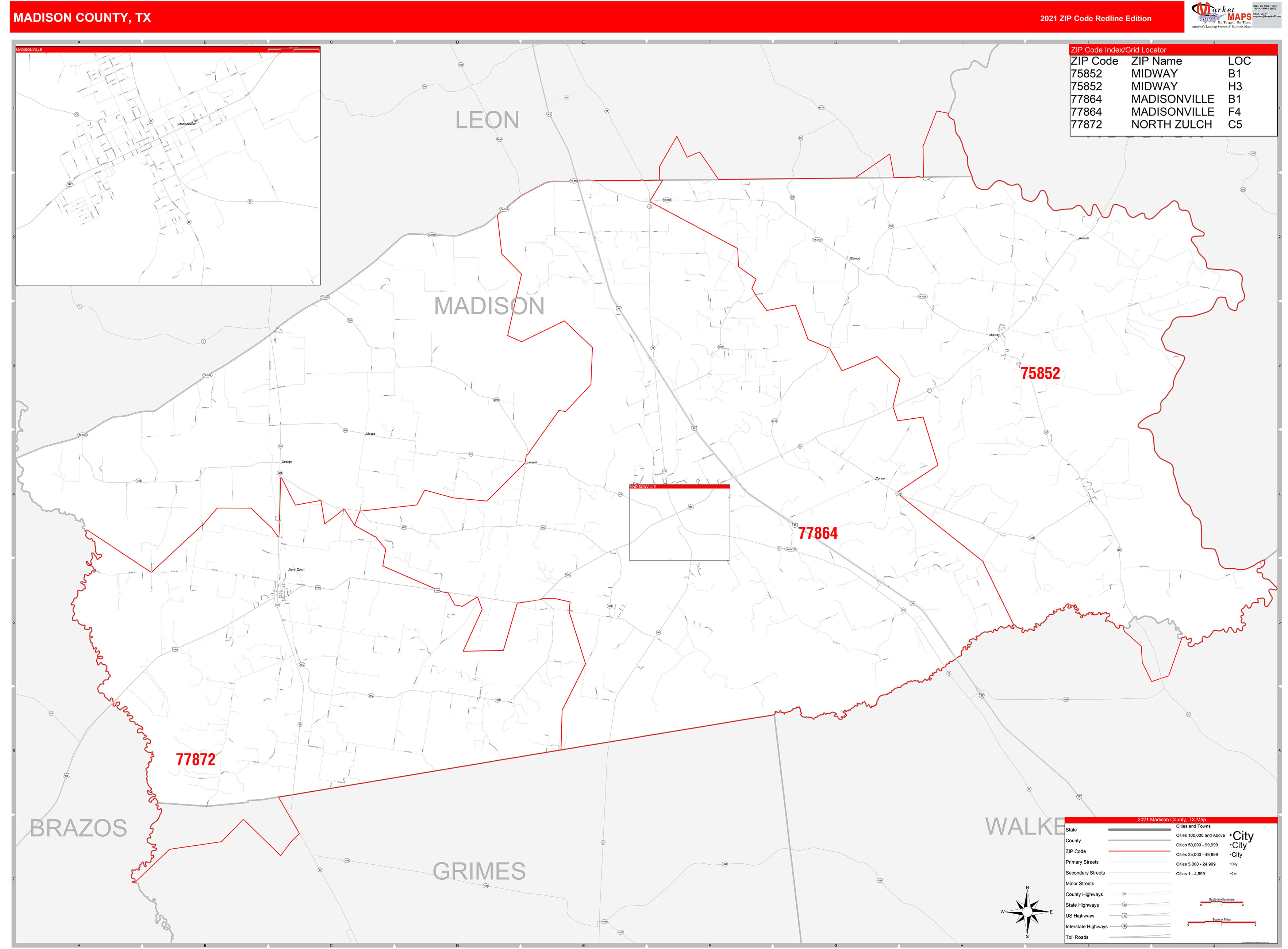 Madison County, TX Zip Code Wall Map Red Line Style by MarketMAPS