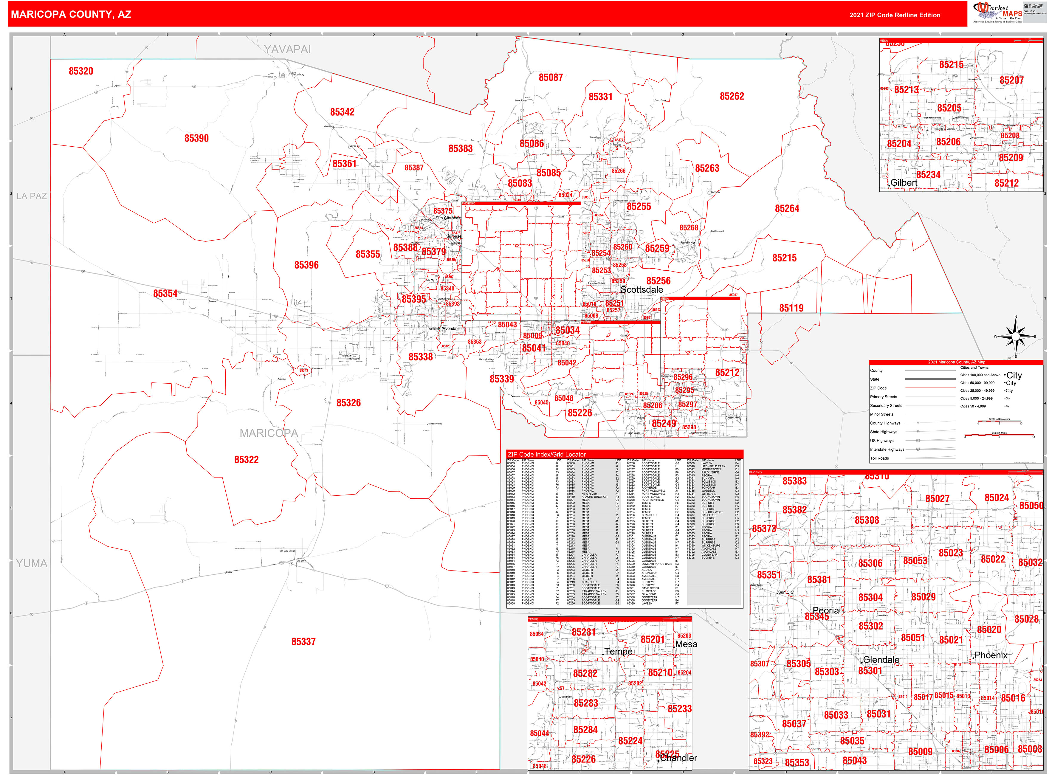 Maricopa County Az Zip Code Wall Map Red Line Style By Marketmaps