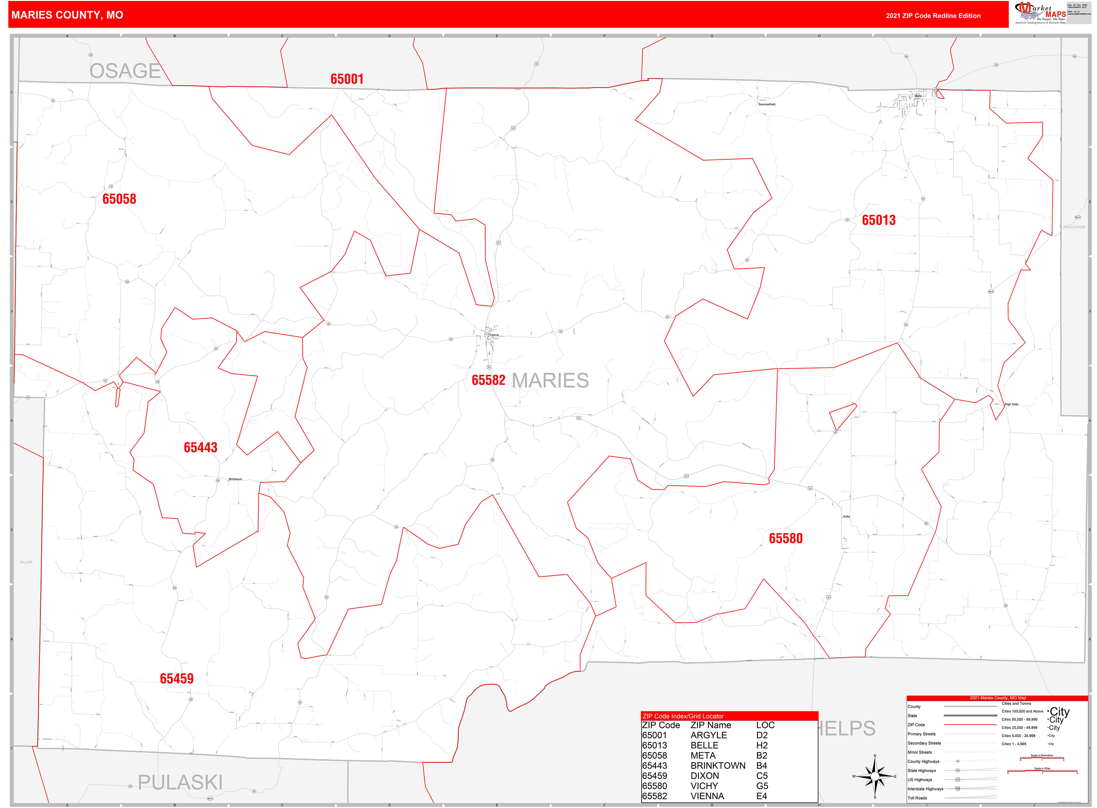 Maries County, MO Zip Code Wall Map Red Line Style by MarketMAPS