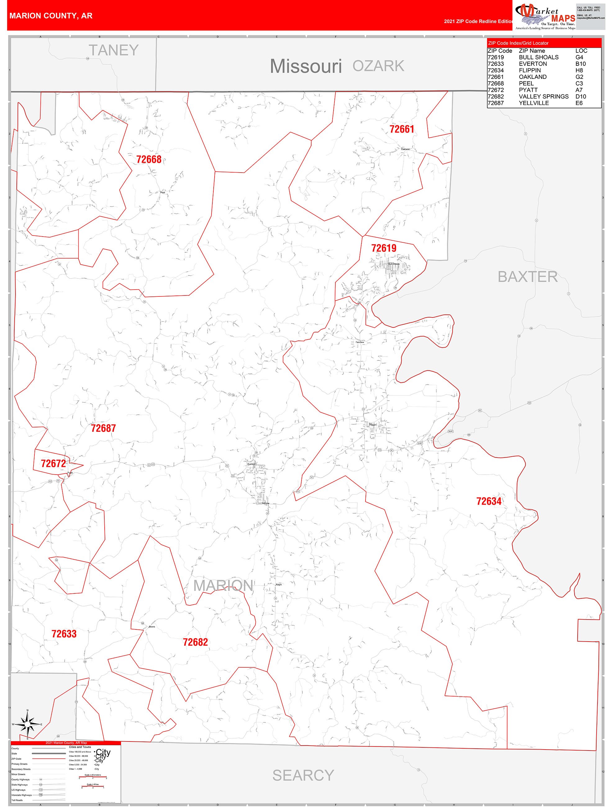 Marion County, AR Zip Code Wall Map Red Line Style by MarketMAPS