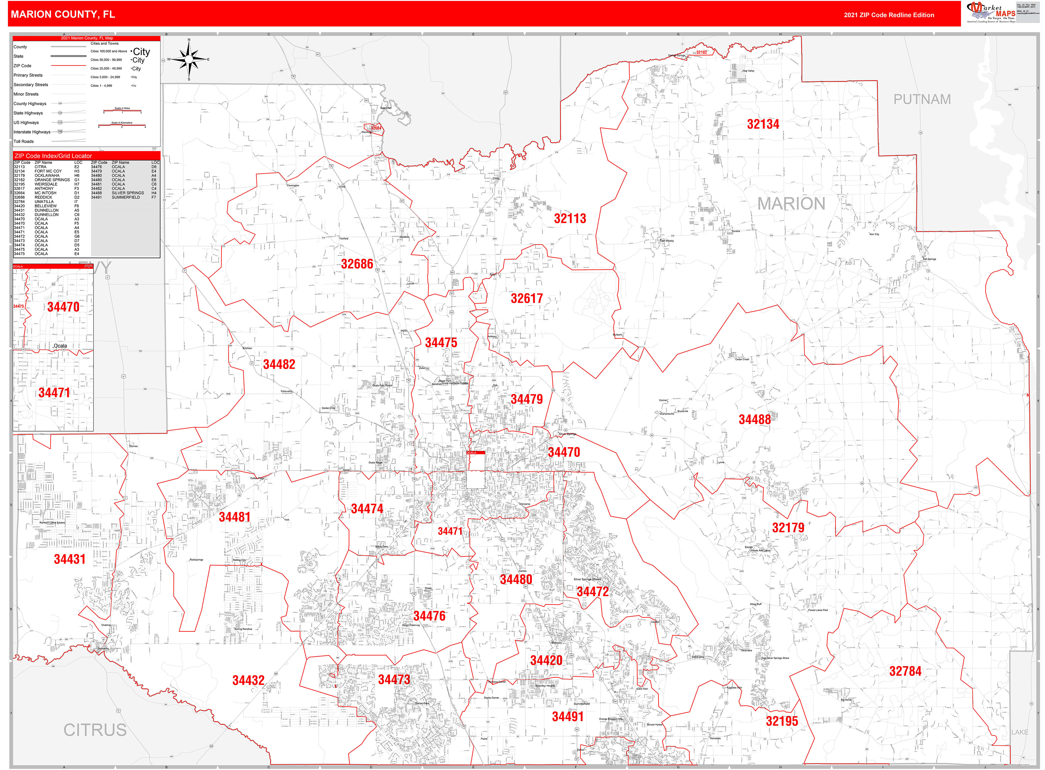 Marion County, FL Zip Code Wall Map Red Line Style by MarketMAPS MapSales