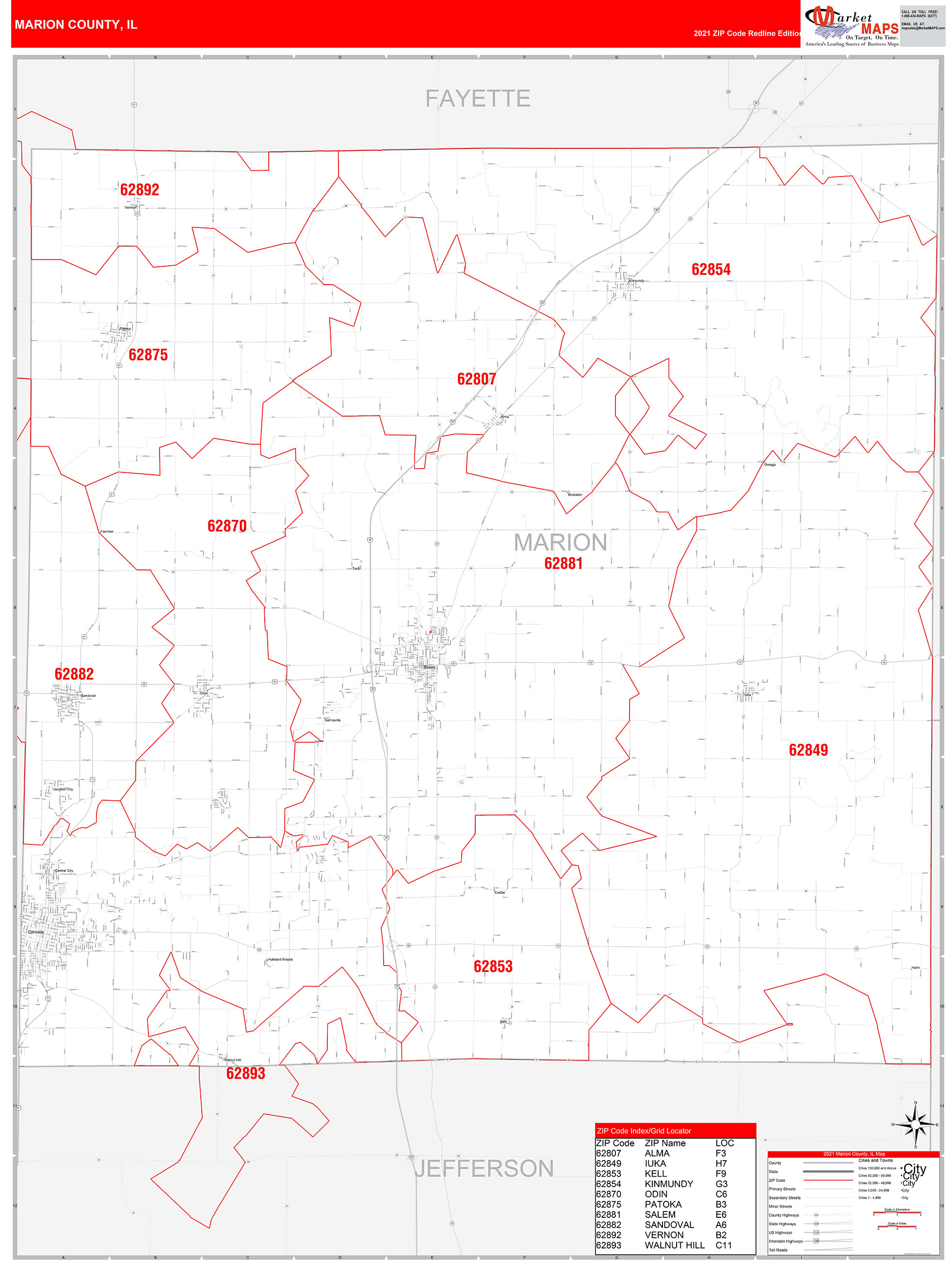 Marion County, IL Zip Code Wall Map Red Line Style by MarketMAPS