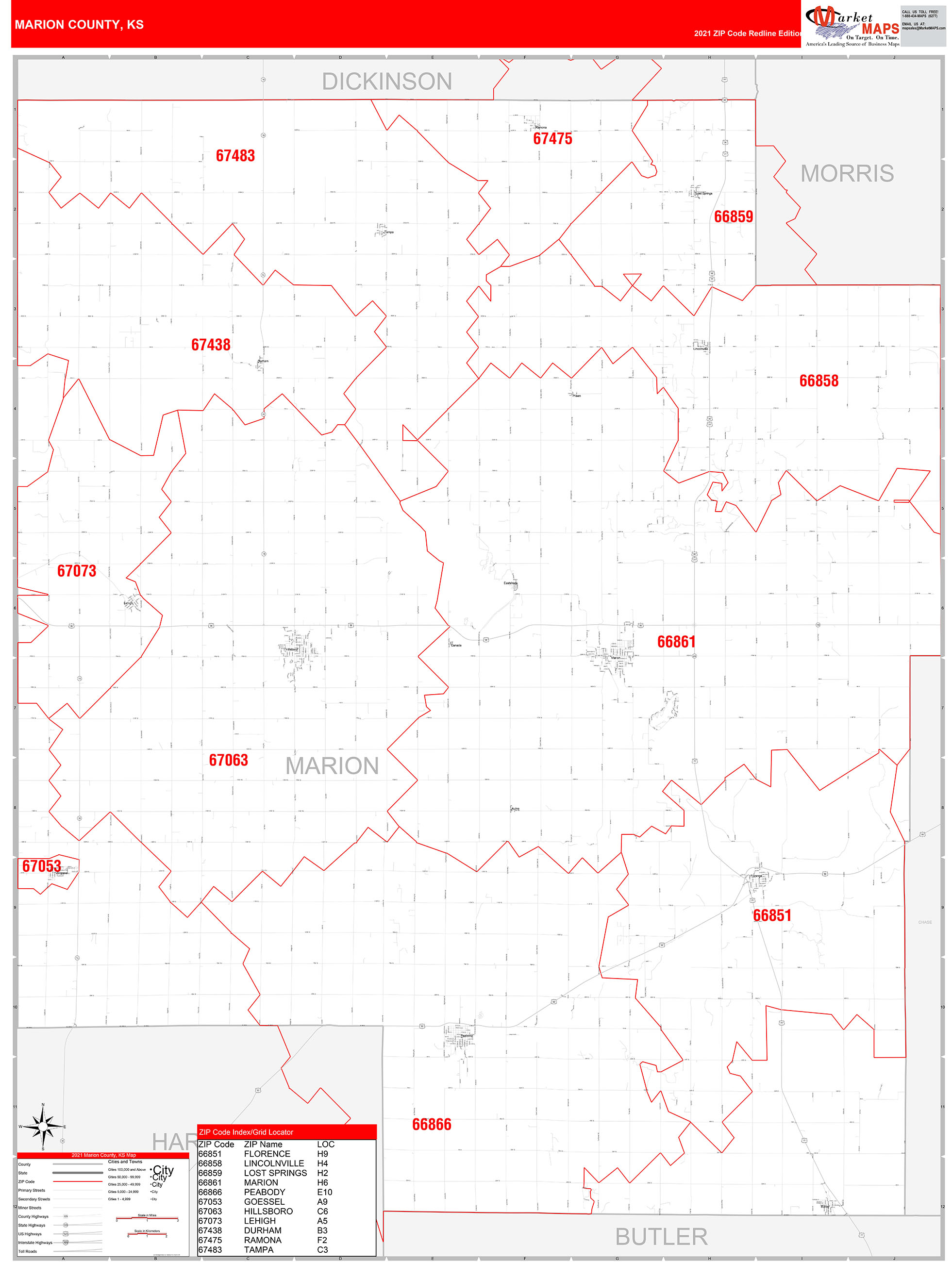Marion County, KS Zip Code Wall Map Red Line Style by MarketMAPS MapSales