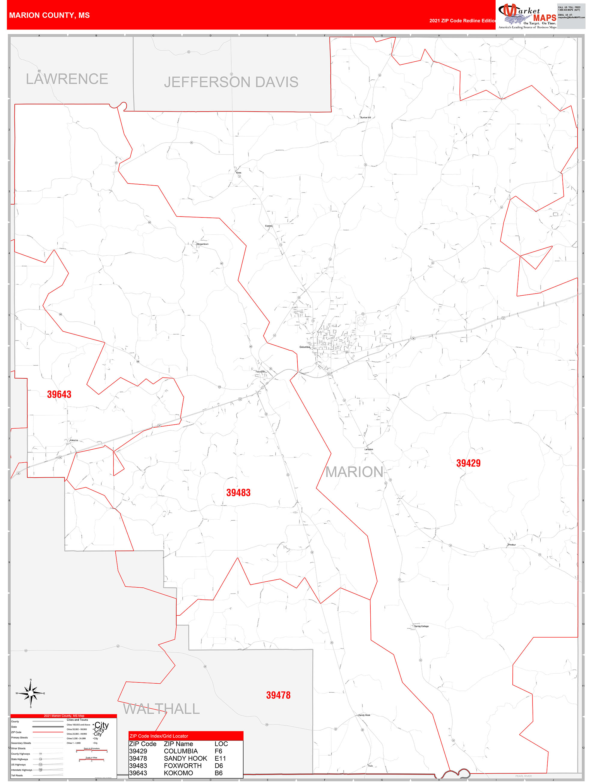 Marion County, MS Zip Code Wall Map Red Line Style by MarketMAPS