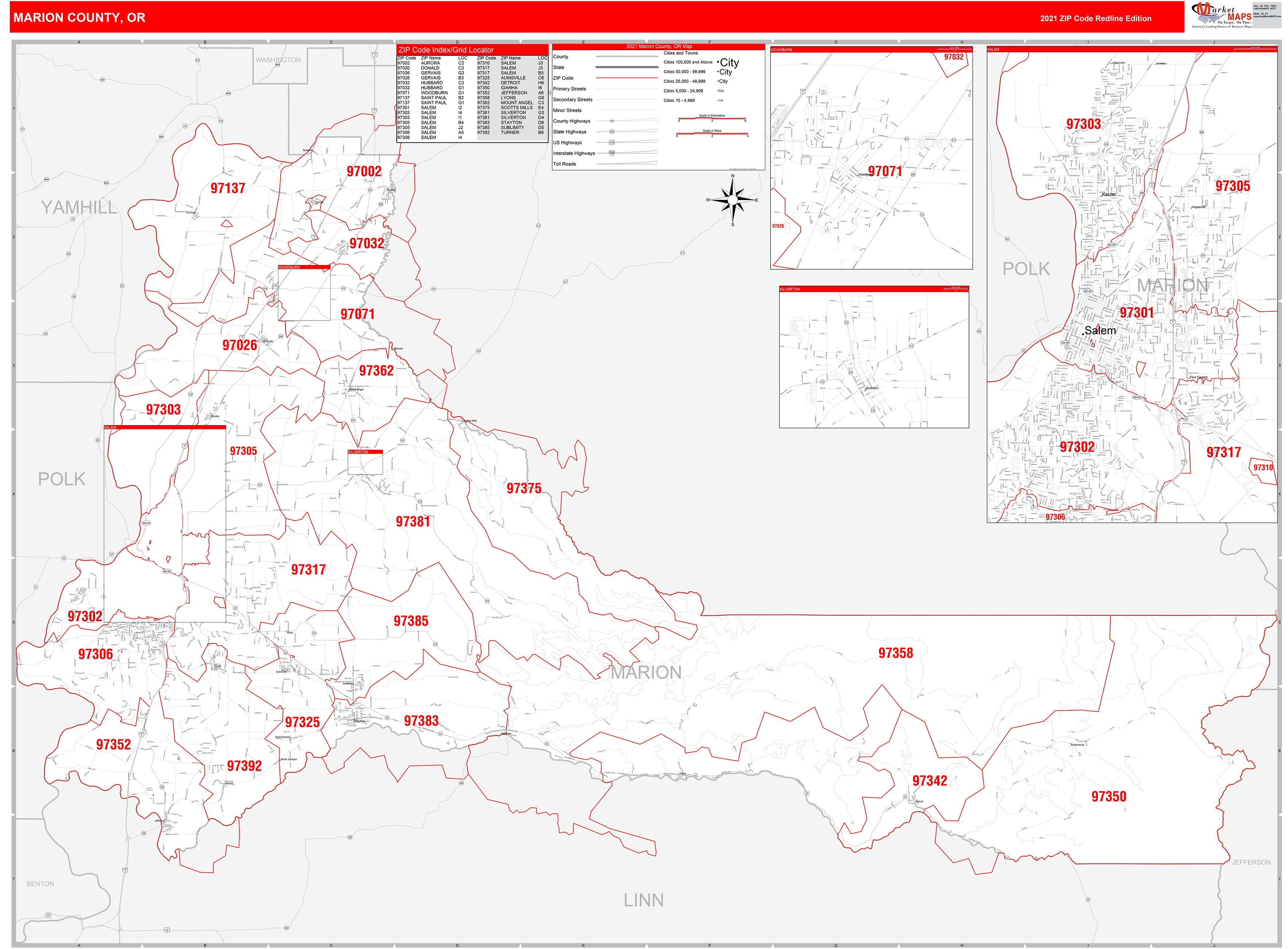 Marion County, OR Zip Code Wall Map Red Line Style by MarketMAPS MapSales