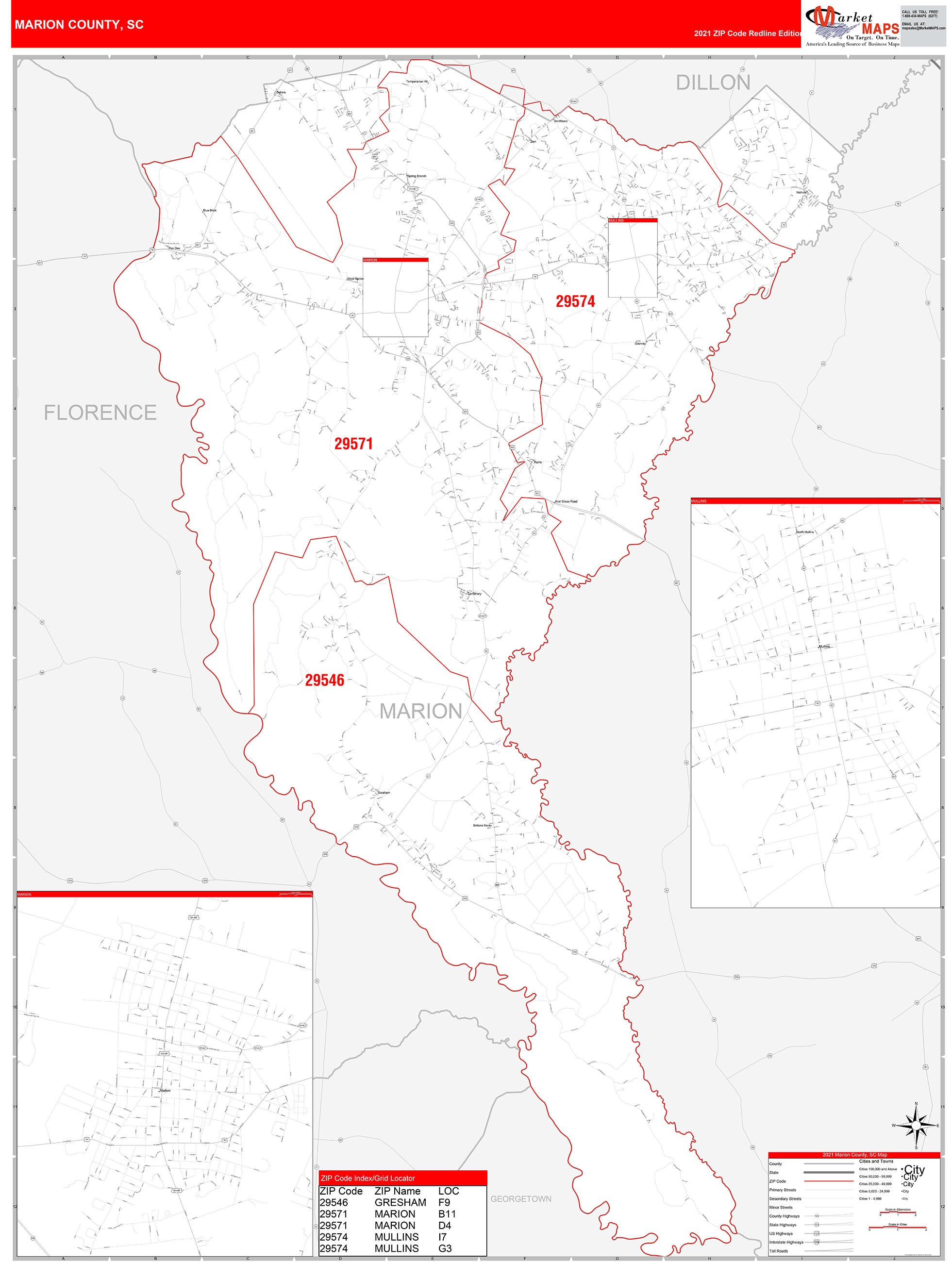 Marion County, SC Zip Code Wall Map Red Line Style by MarketMAPS MapSales