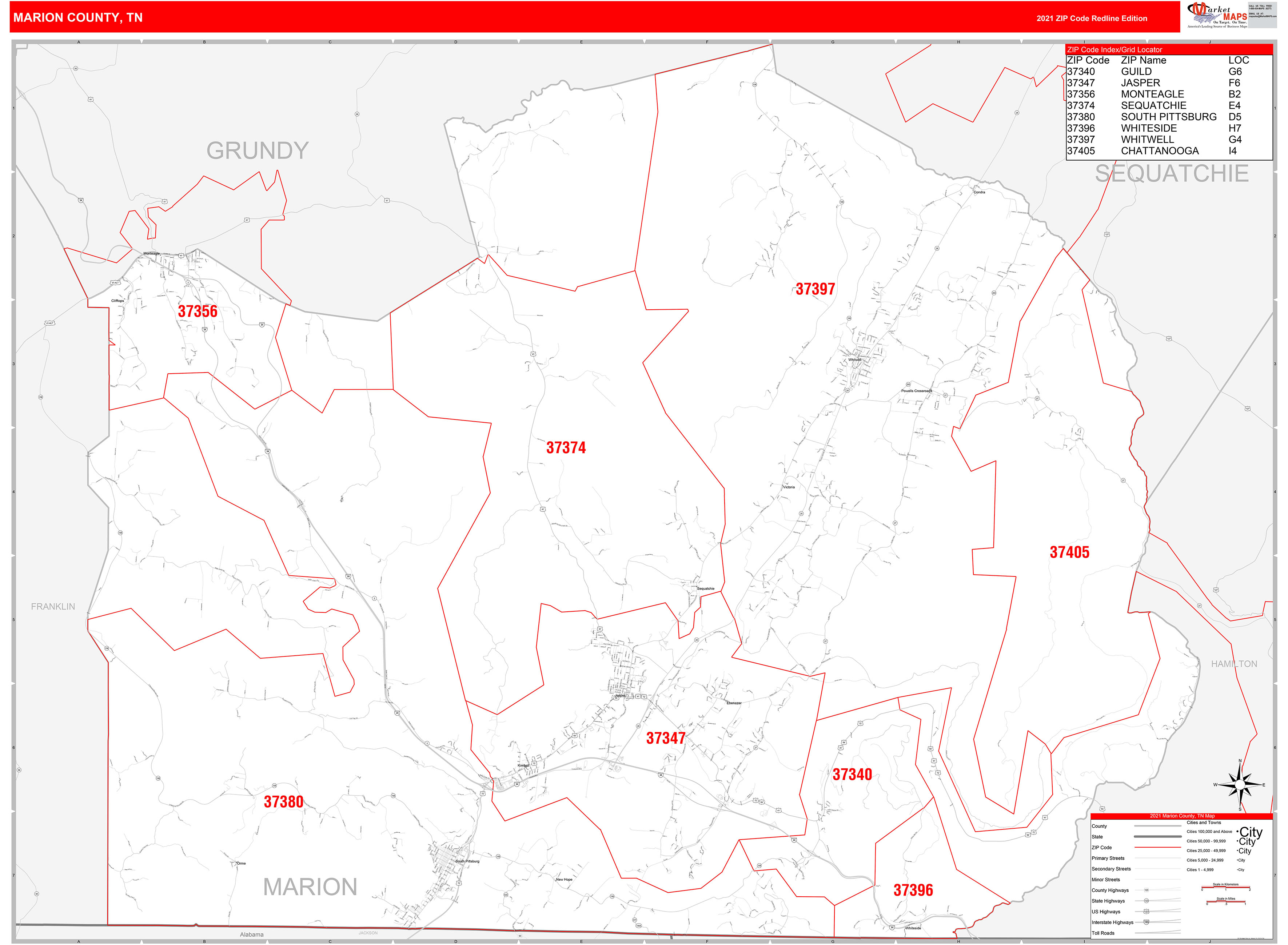 Marion County, TN Zip Code Wall Map Red Line Style by MarketMAPS