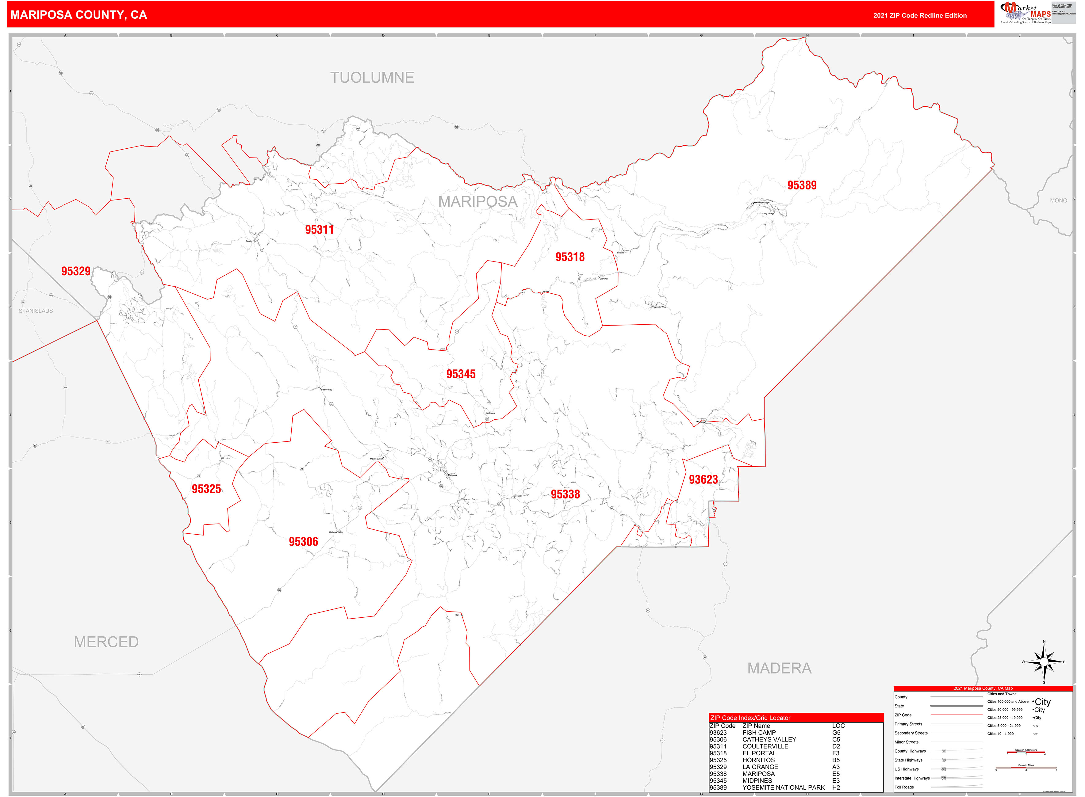 Mariposa County, CA Zip Code Wall Map Red Line Style by MarketMAPS