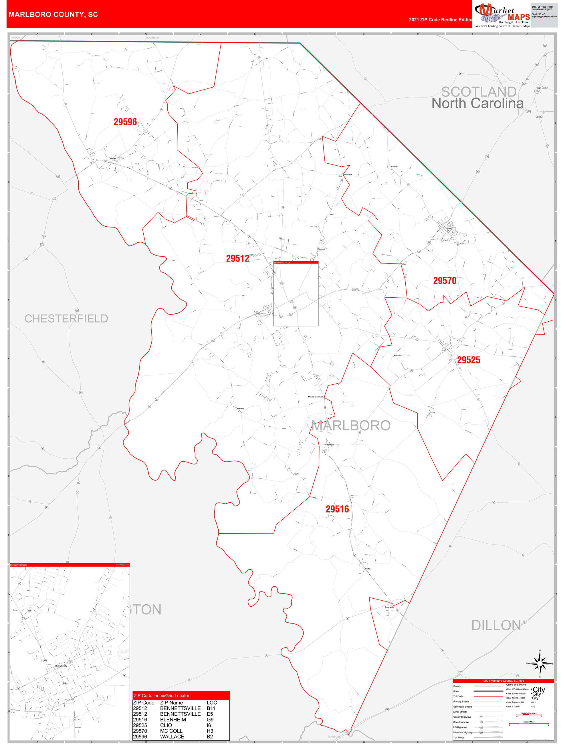 Marlboro County, SC Zip Code Wall Map Red Line Style by MarketMAPS