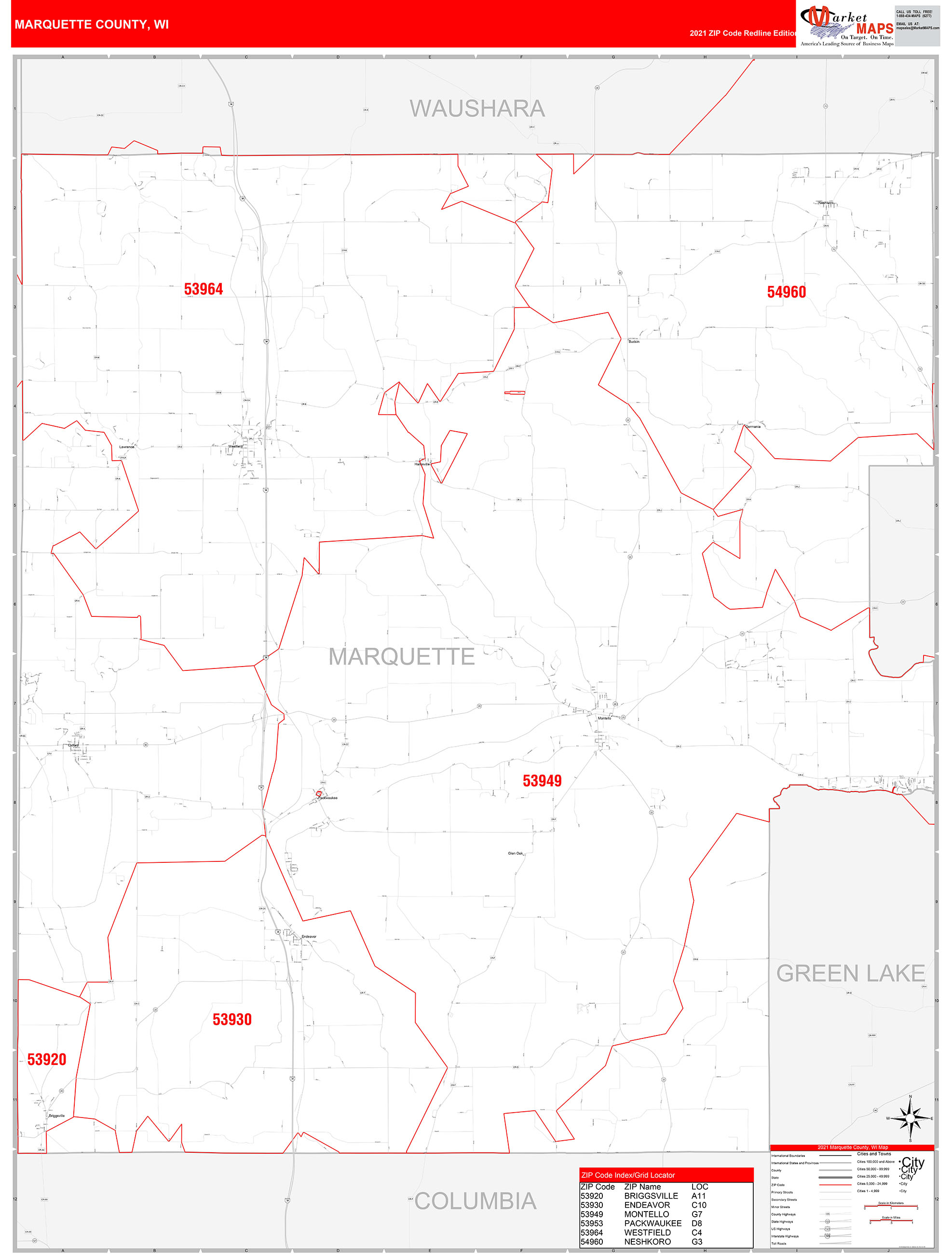 Marquette County, WI Zip Code Wall Map Red Line Style by MarketMAPS
