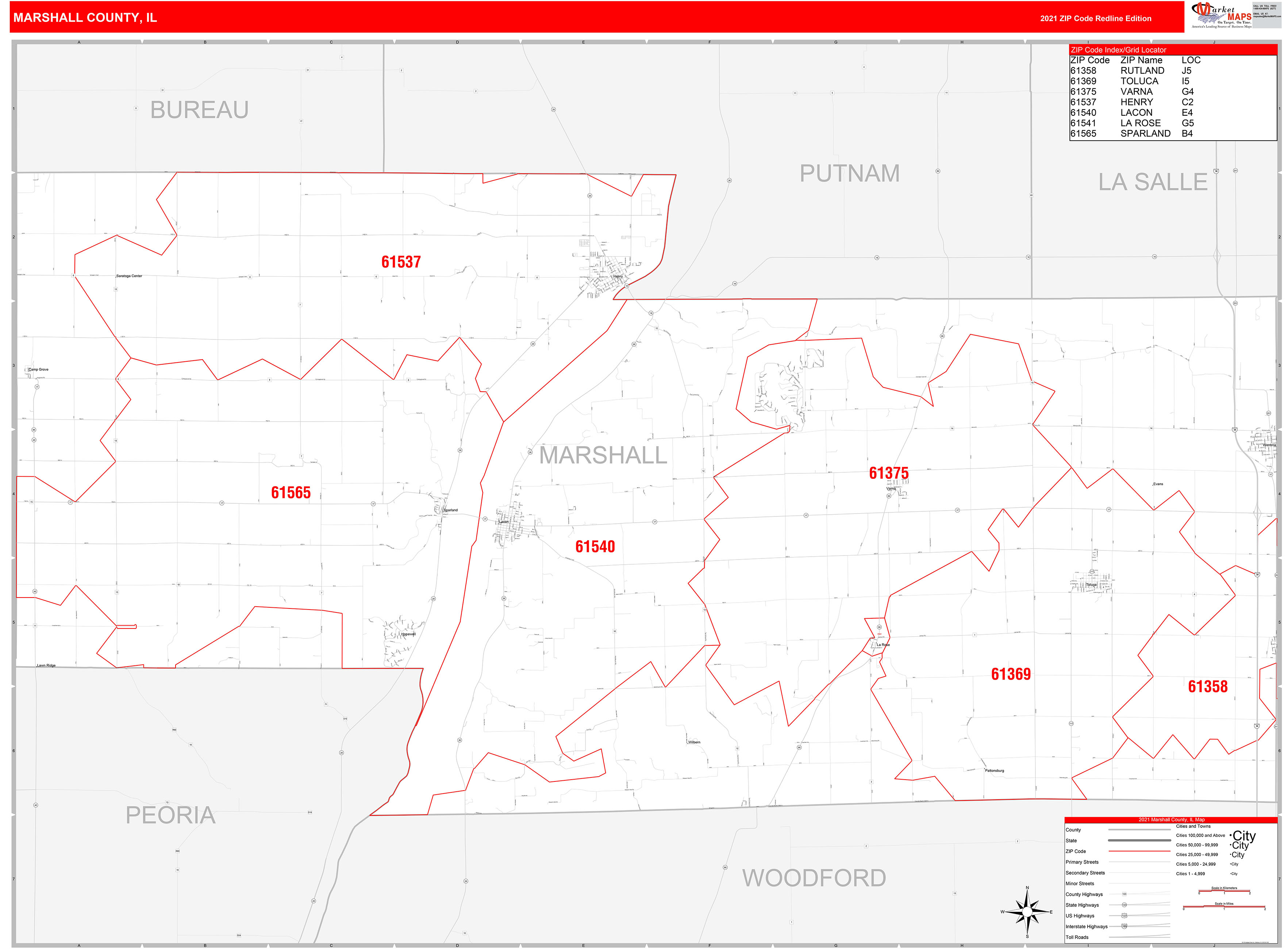 Marshall County, IL Zip Code Wall Map Red Line Style by MarketMAPS