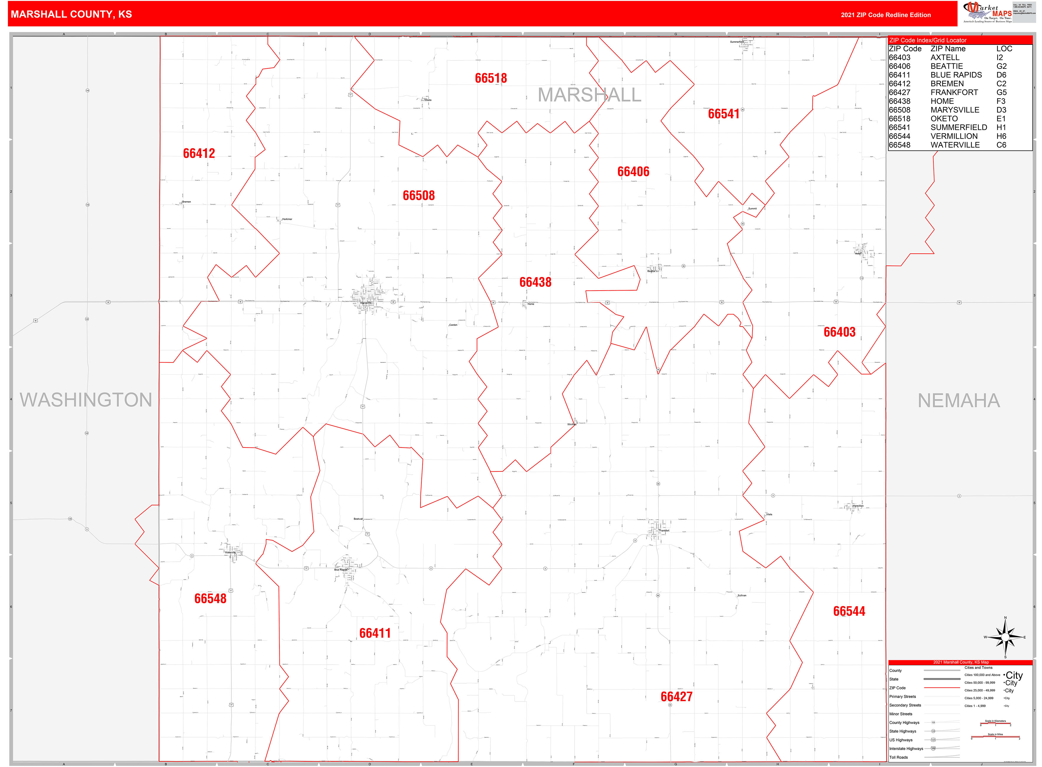 Marshall County, KS Zip Code Wall Map Red Line Style by MarketMAPS
