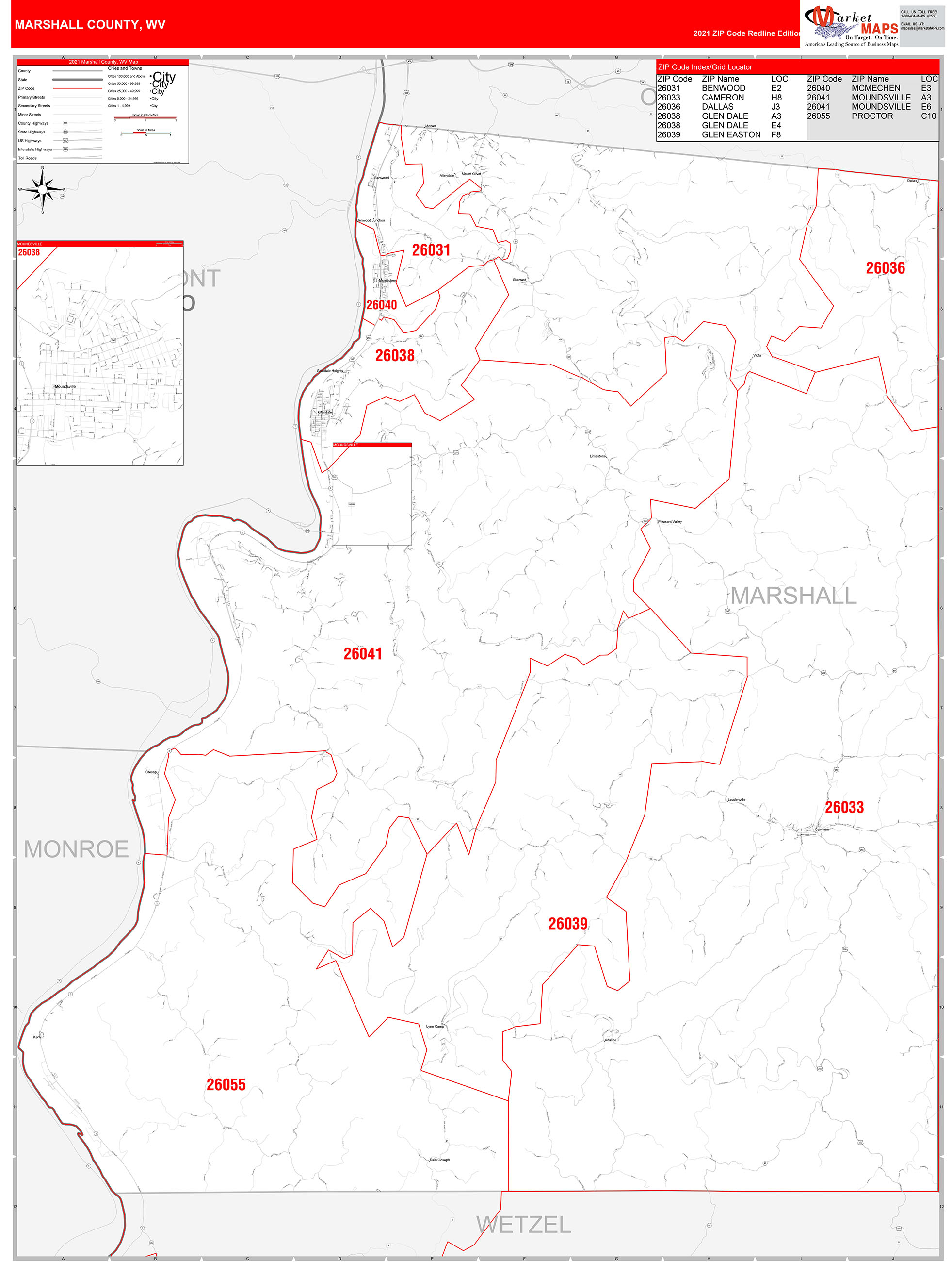 Marshall County, WV Zip Code Wall Map Red Line Style by MarketMAPS