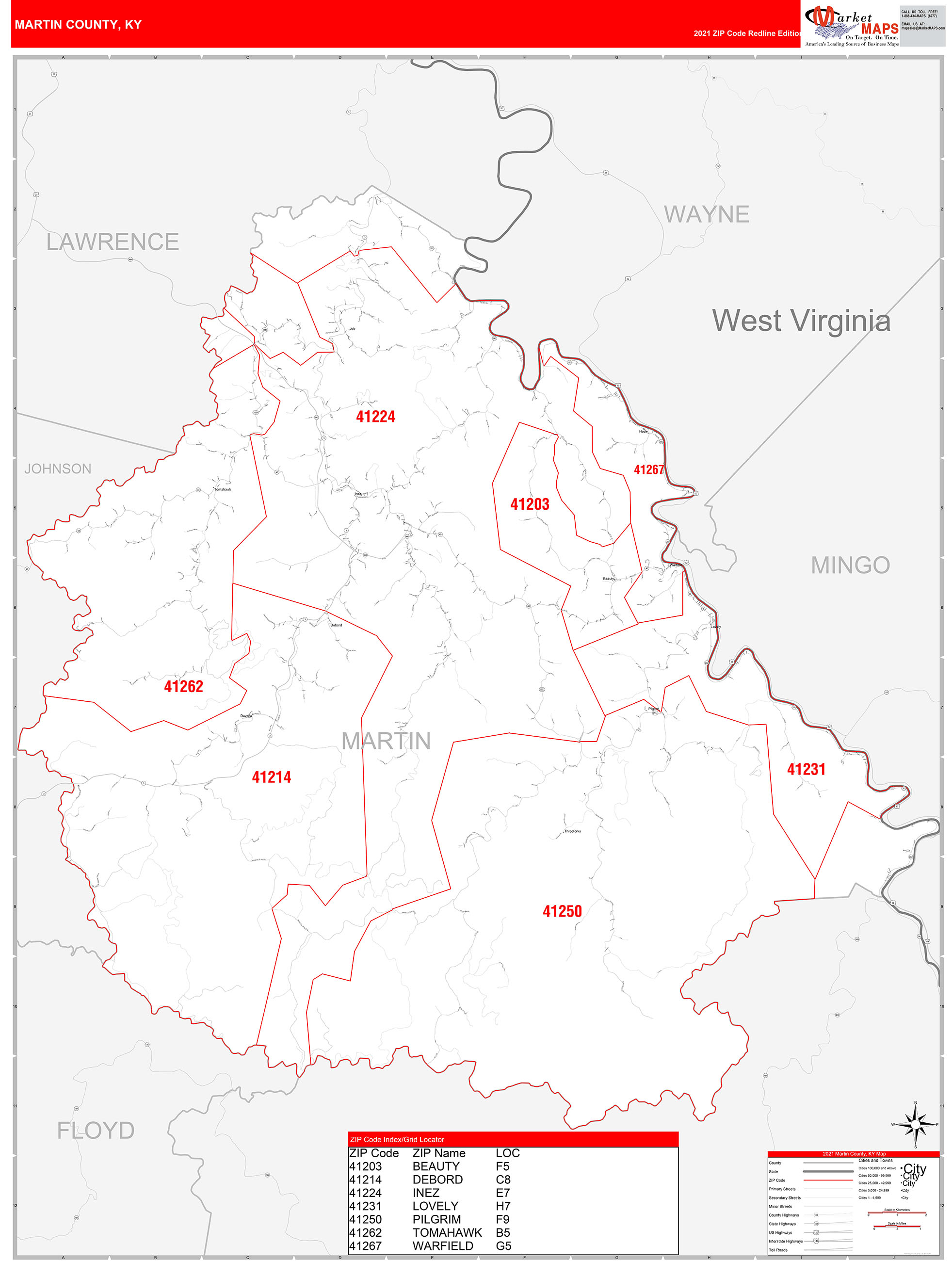 Martin County, KY Zip Code Wall Map Red Line Style by MarketMAPS