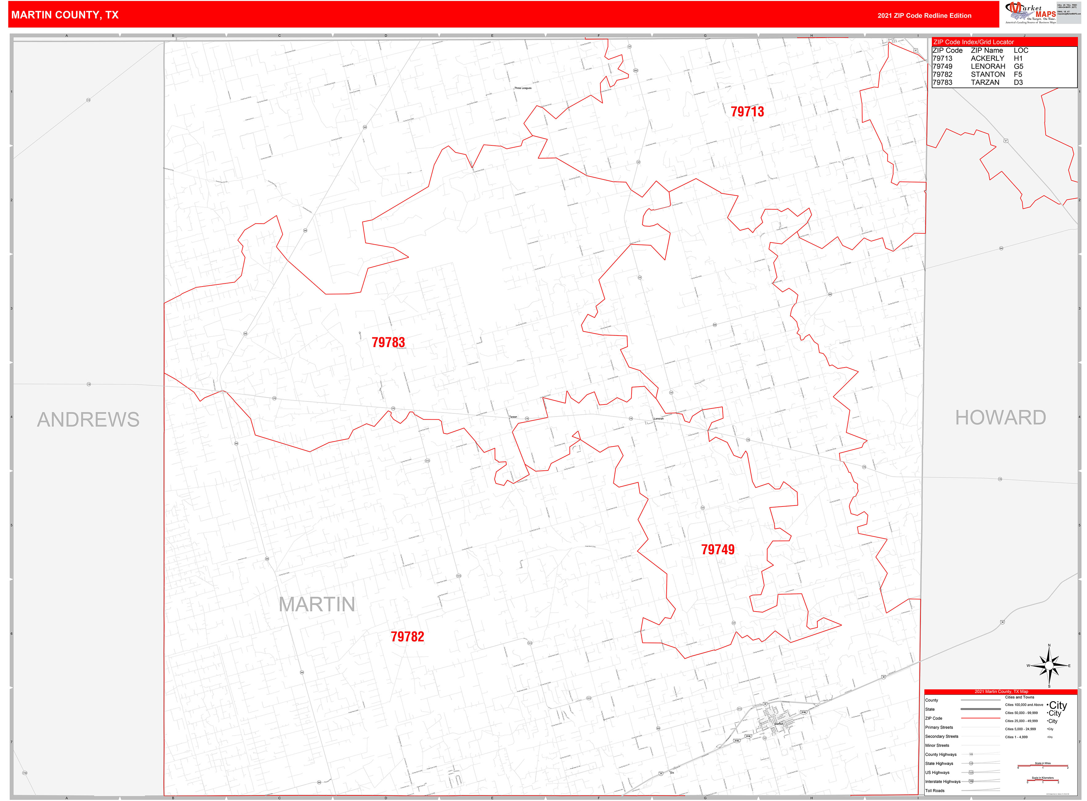 Martin County, TX Zip Code Wall Map Red Line Style by MarketMAPS MapSales