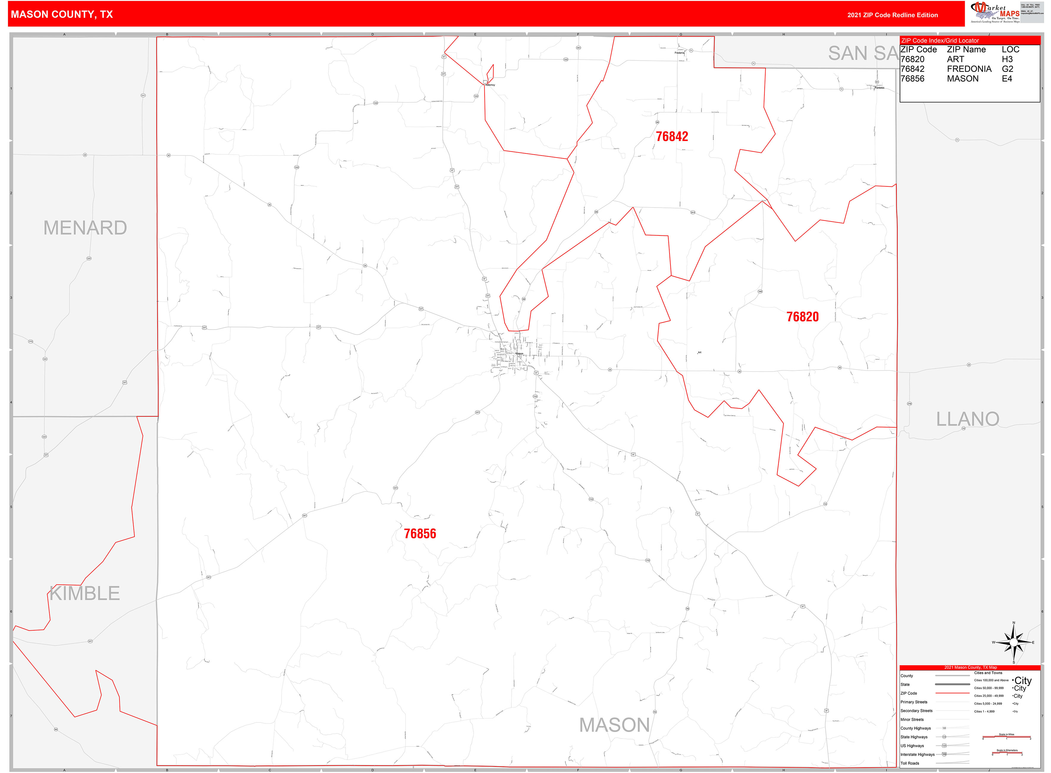 Mason County, TX Zip Code Wall Map Red Line Style by MarketMAPS MapSales