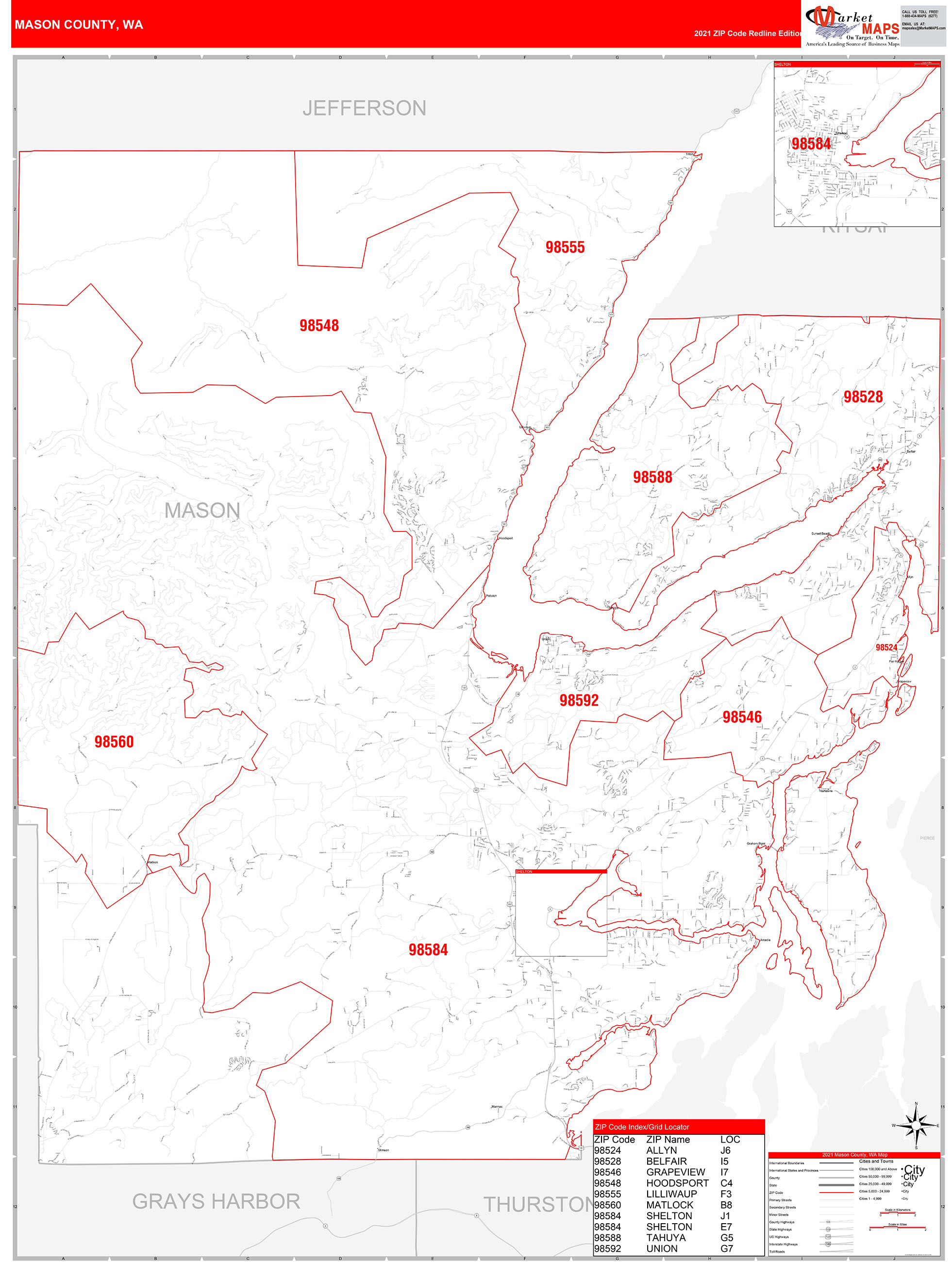 Mason County, WA Zip Code Wall Map Red Line Style by MarketMAPS MapSales