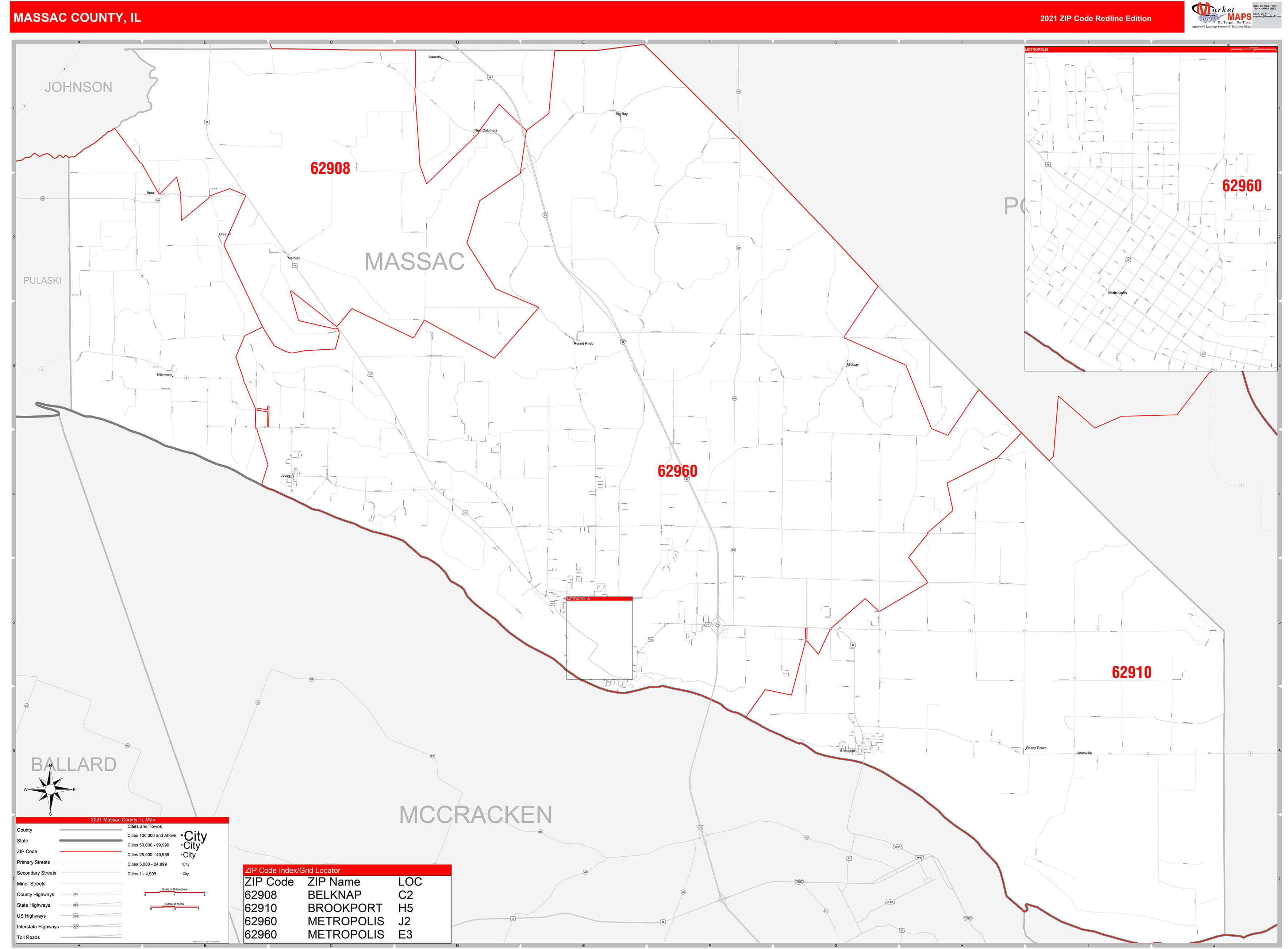 Massac County, IL Zip Code Wall Map Red Line Style by MarketMAPS
