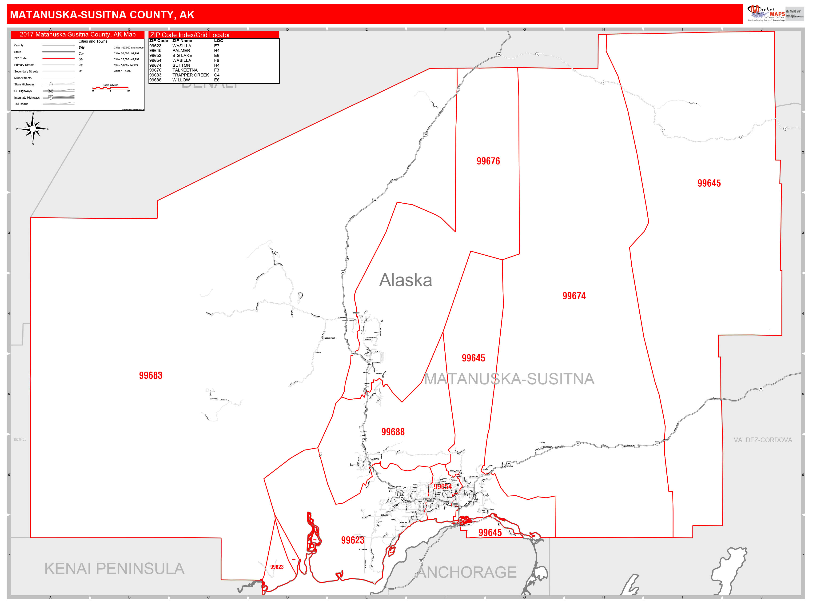 Matanuska-Susitna County, AK Zip Code Wall Map Red Line Style by MarketMAPS