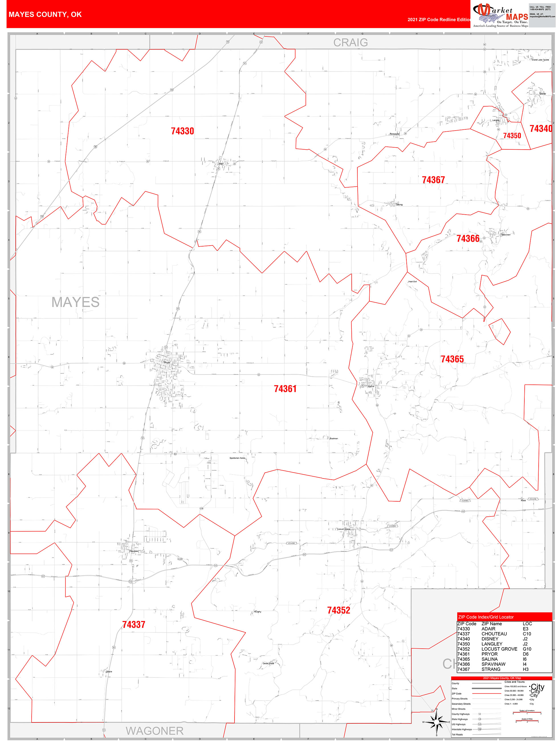Mayes County, OK Zip Code Wall Map Red Line Style by MarketMAPS MapSales