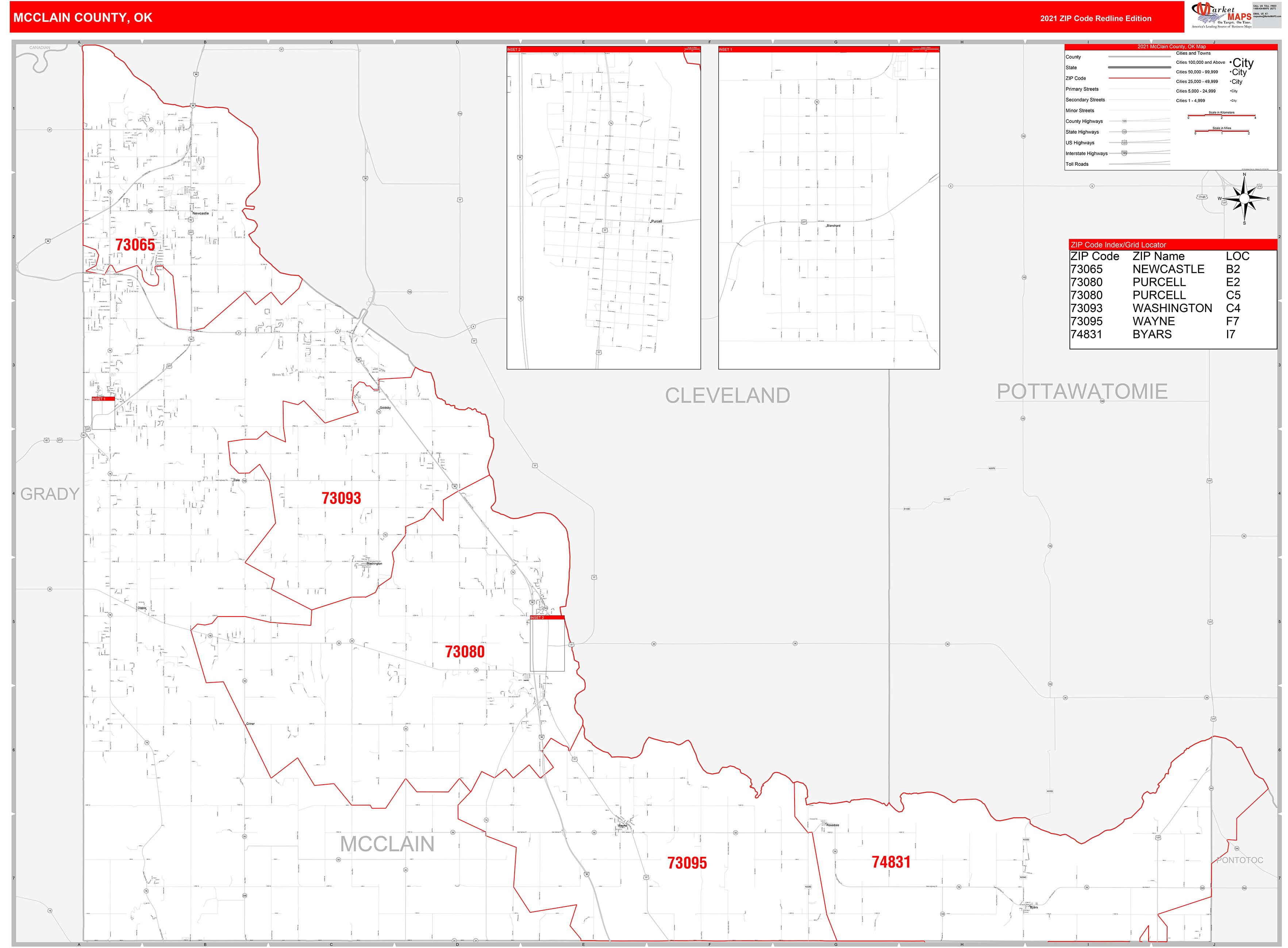 McClain County, OK Zip Code Wall Map Red Line Style by MarketMAPS