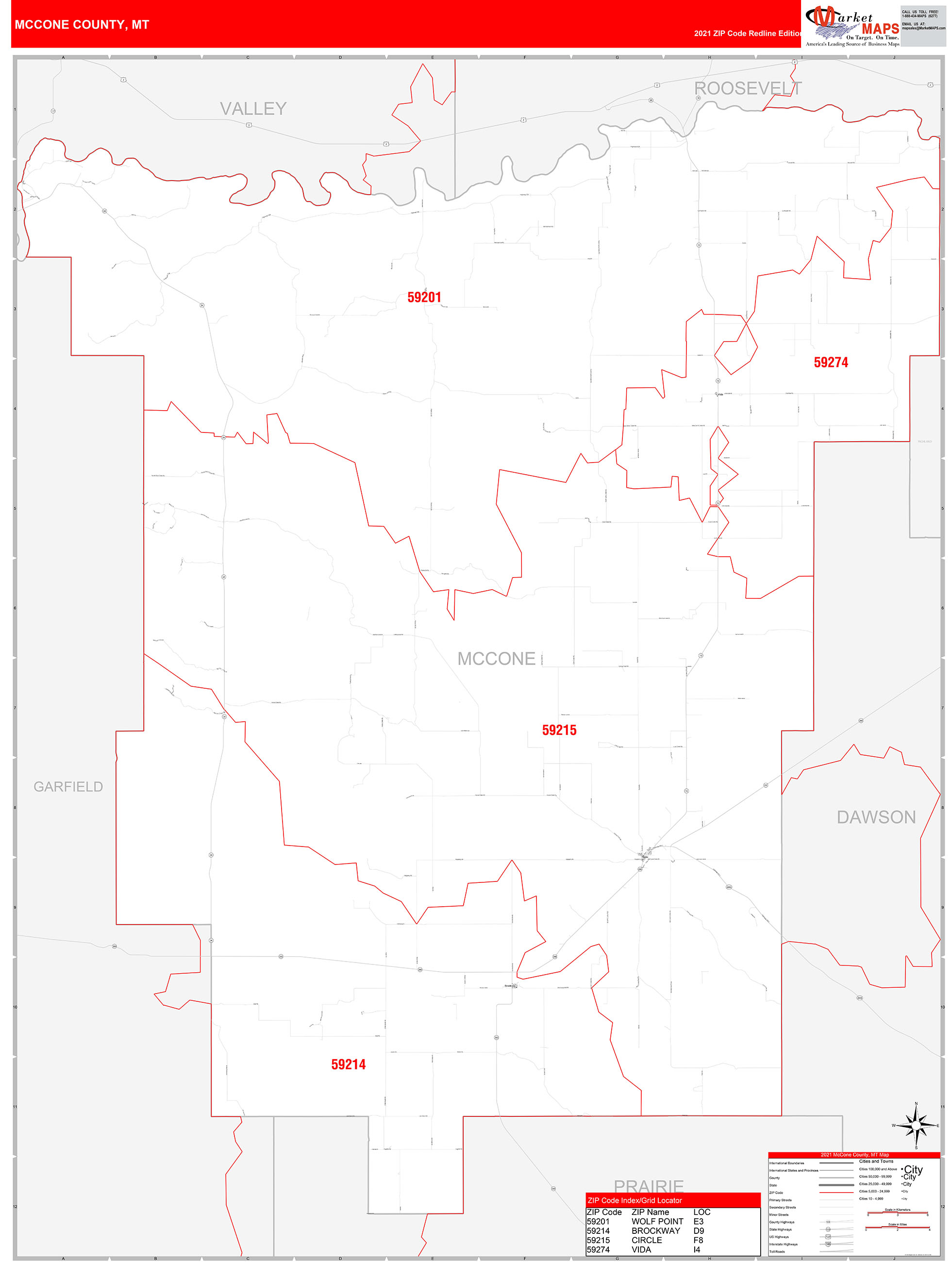 McCone County, MT Zip Code Wall Map Red Line Style by MarketMAPS