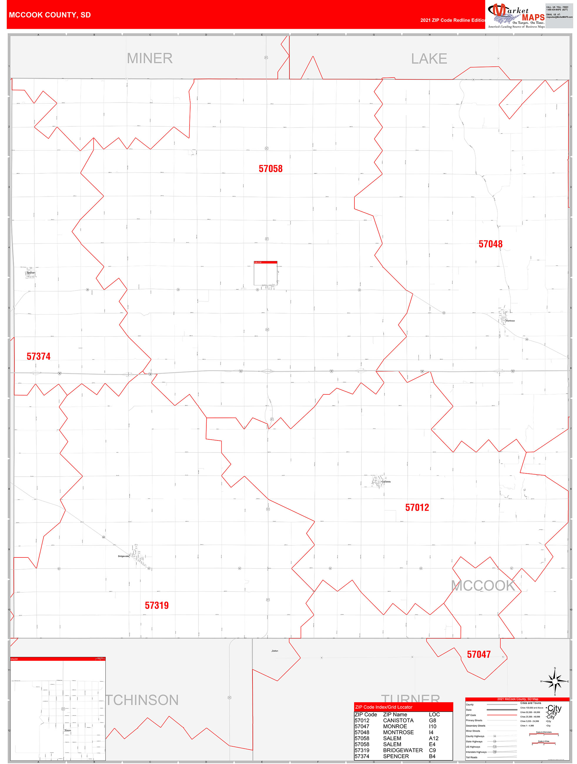 McCook County, SD Zip Code Wall Map Red Line Style by MarketMAPS MapSales