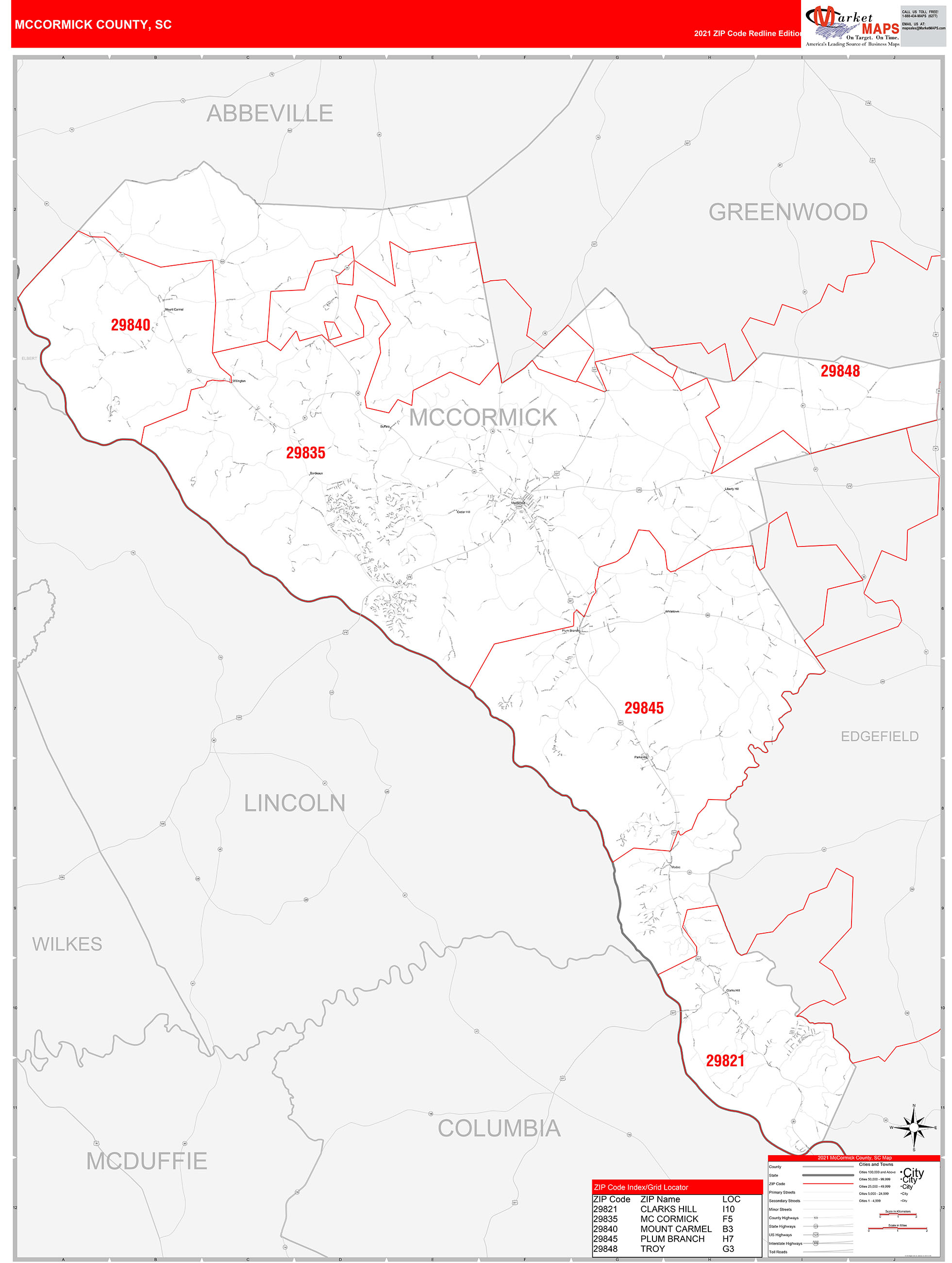 McCormick County, SC Zip Code Wall Map Red Line Style by MarketMAPS