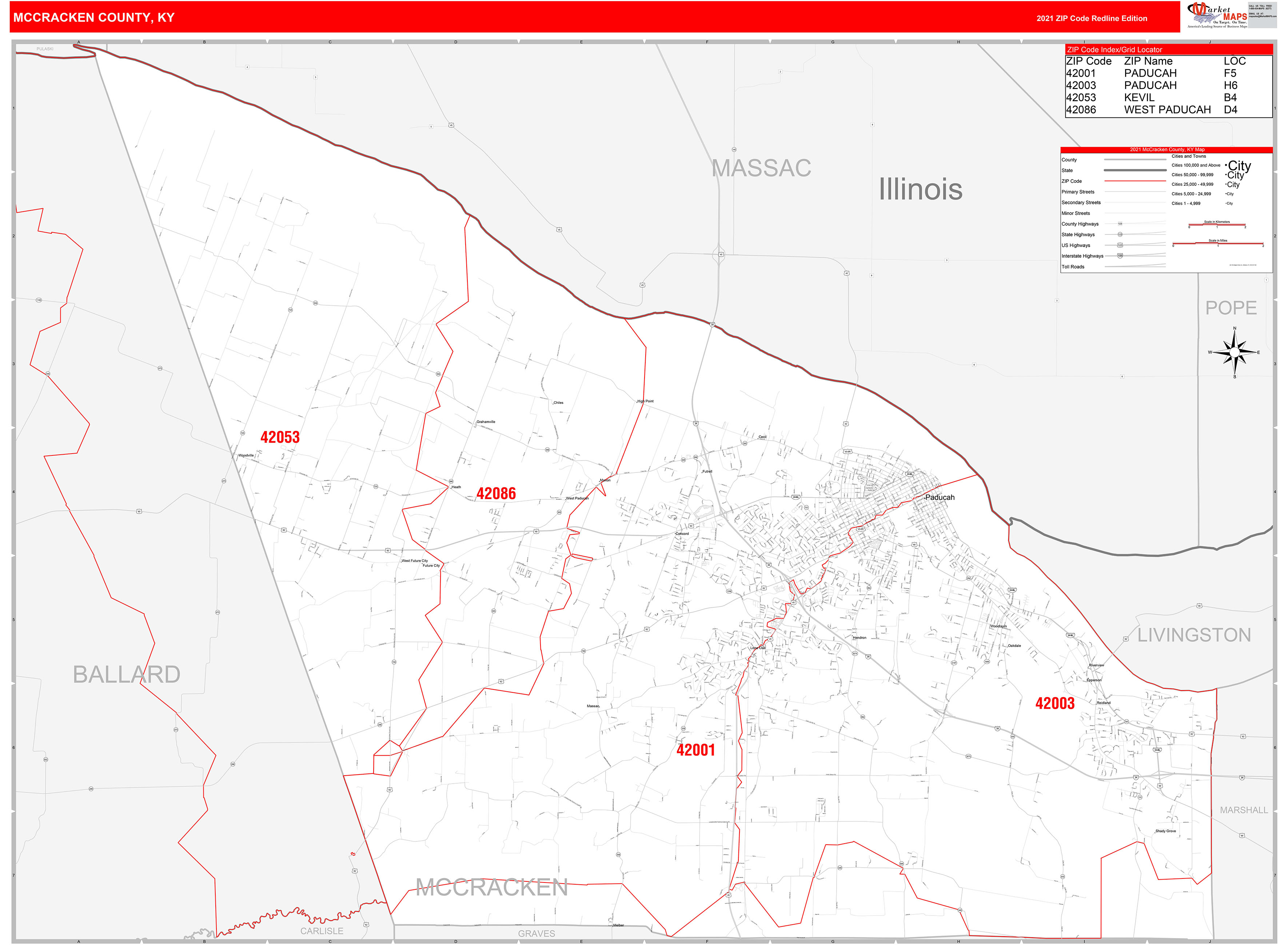 McCracken County, KY Zip Code Wall Map Red Line Style by MarketMAPS