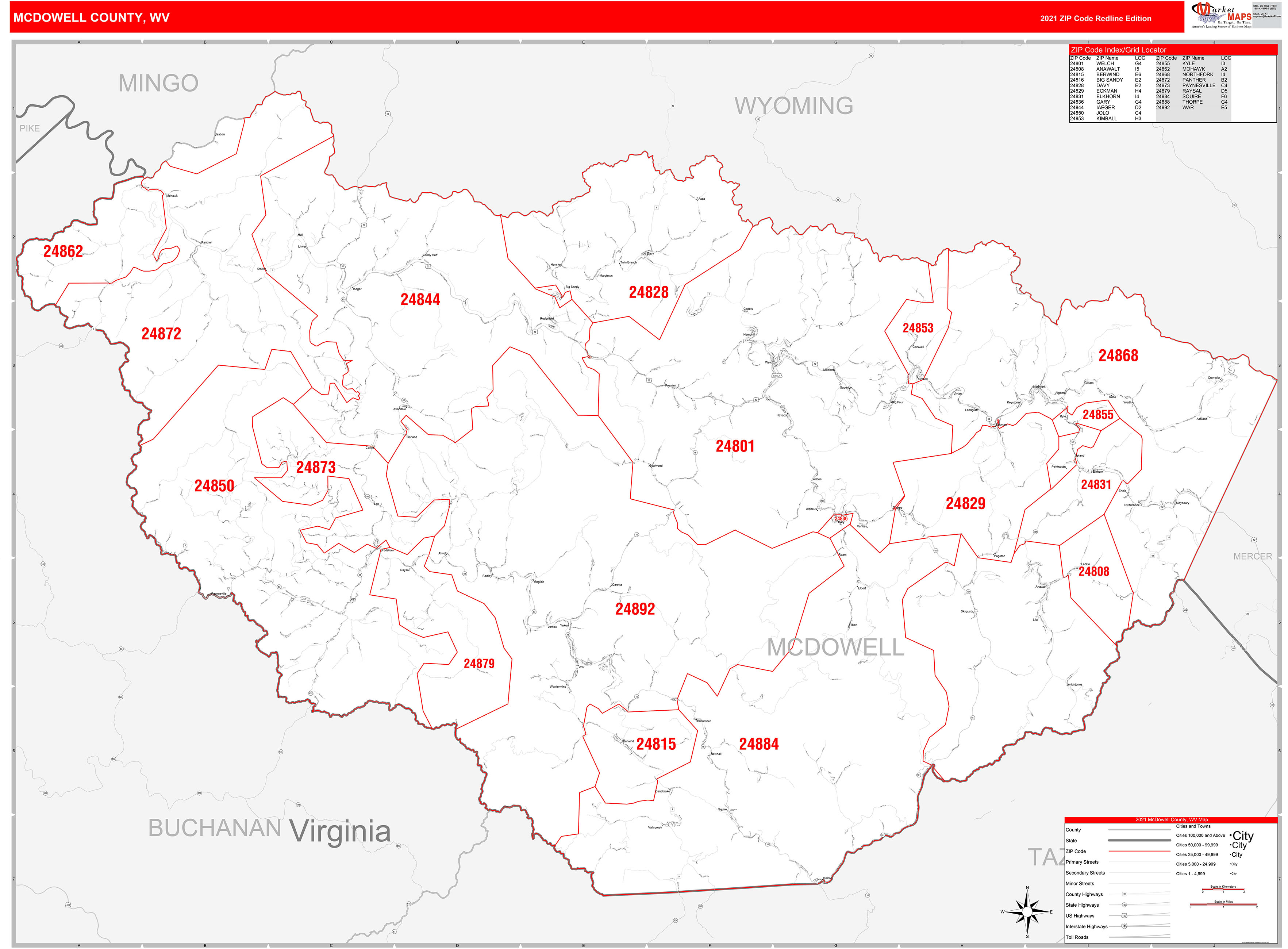 McDowell County, WV Zip Code Wall Map Red Line Style by MarketMAPS