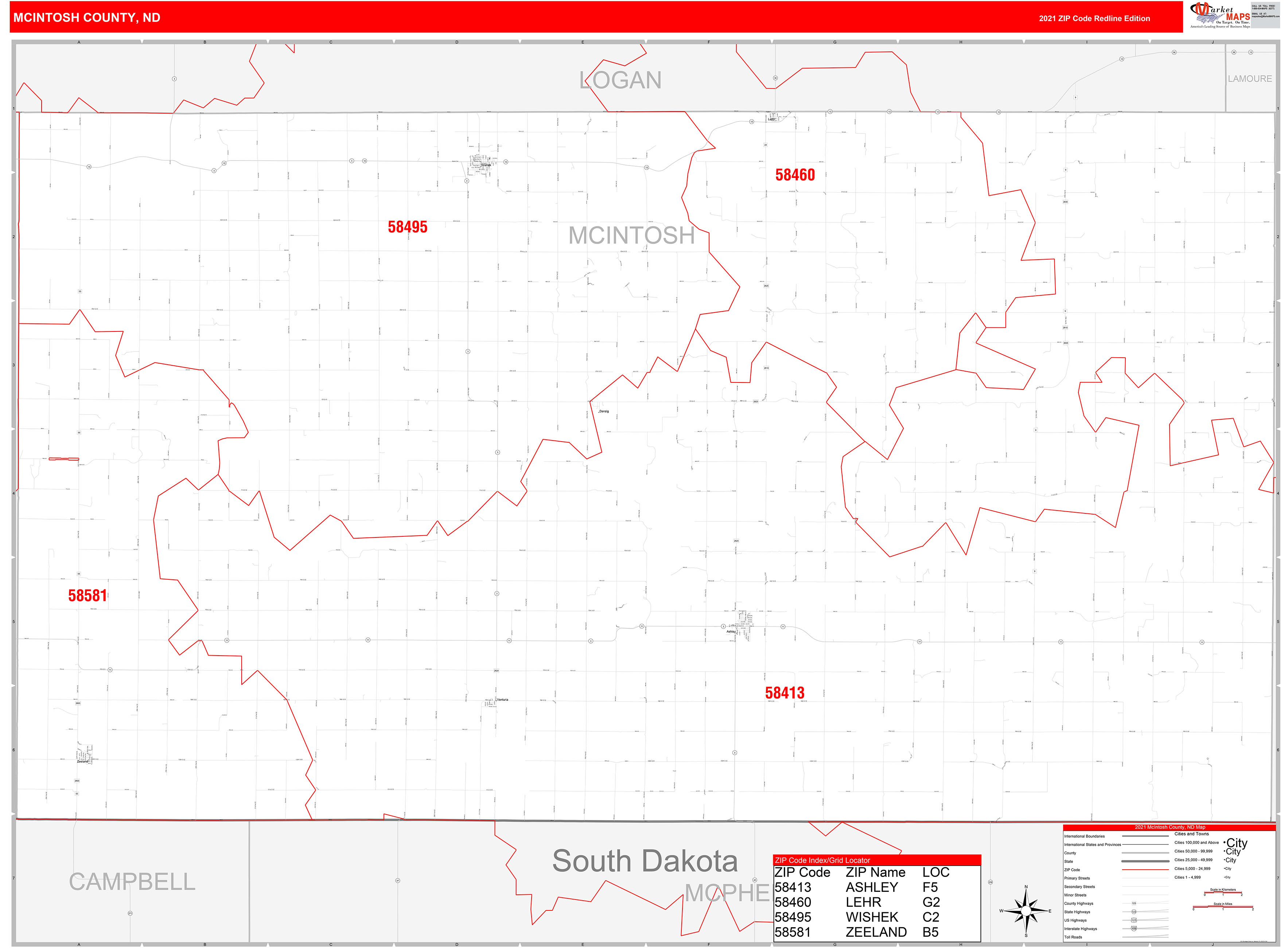 McIntosh County, ND Zip Code Wall Map Red Line Style by MarketMAPS
