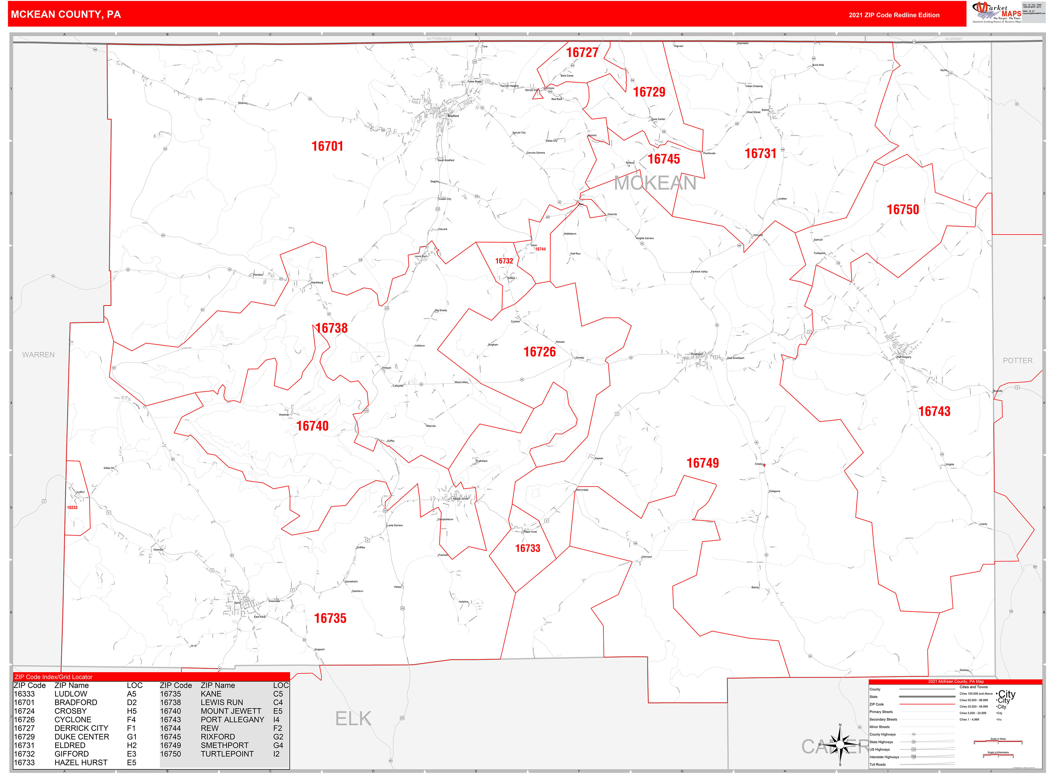 McKean County, PA Zip Code Wall Map Red Line Style by MarketMAPS