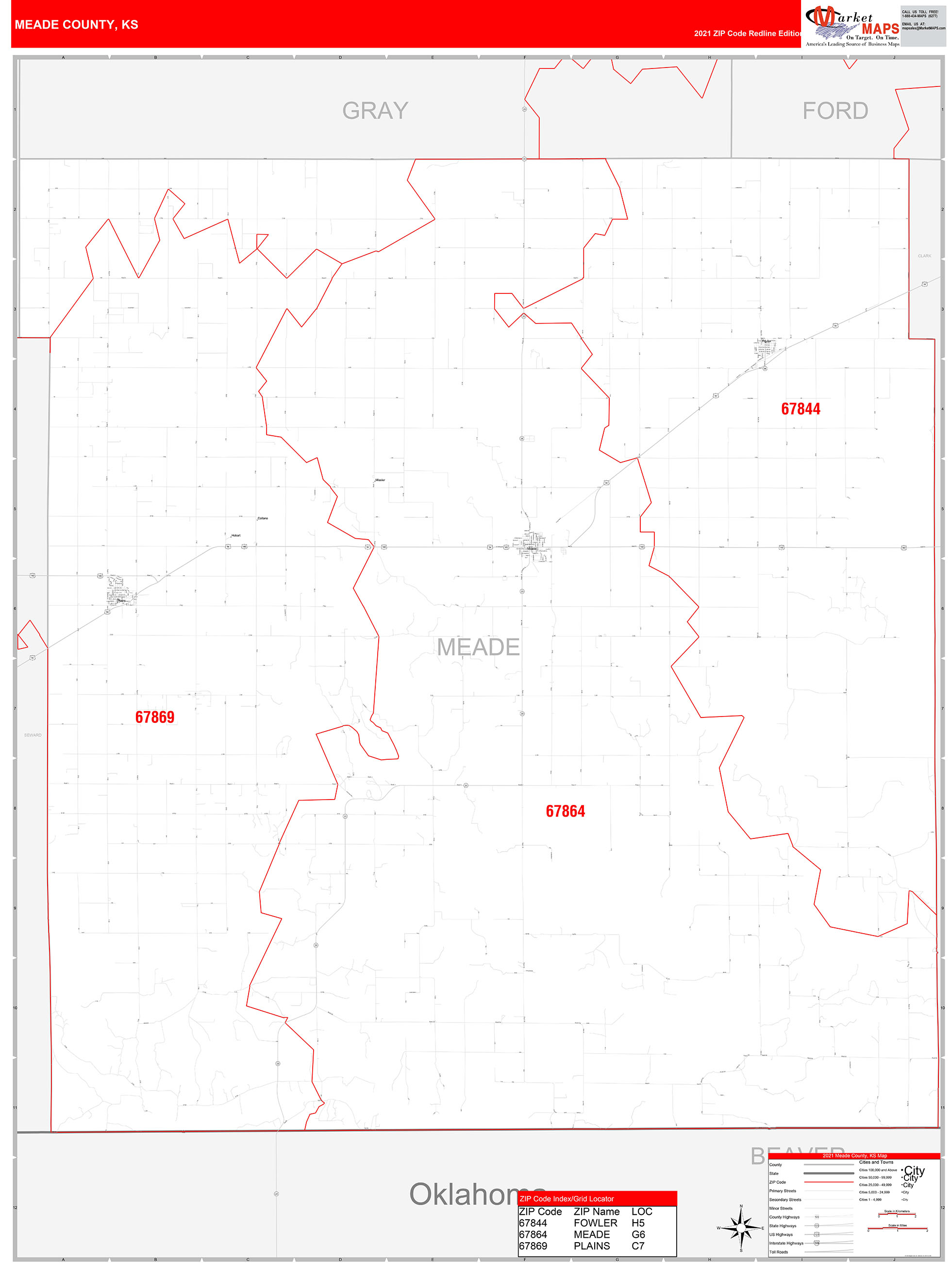Meade County, KS Zip Code Wall Map Red Line Style by MarketMAPS