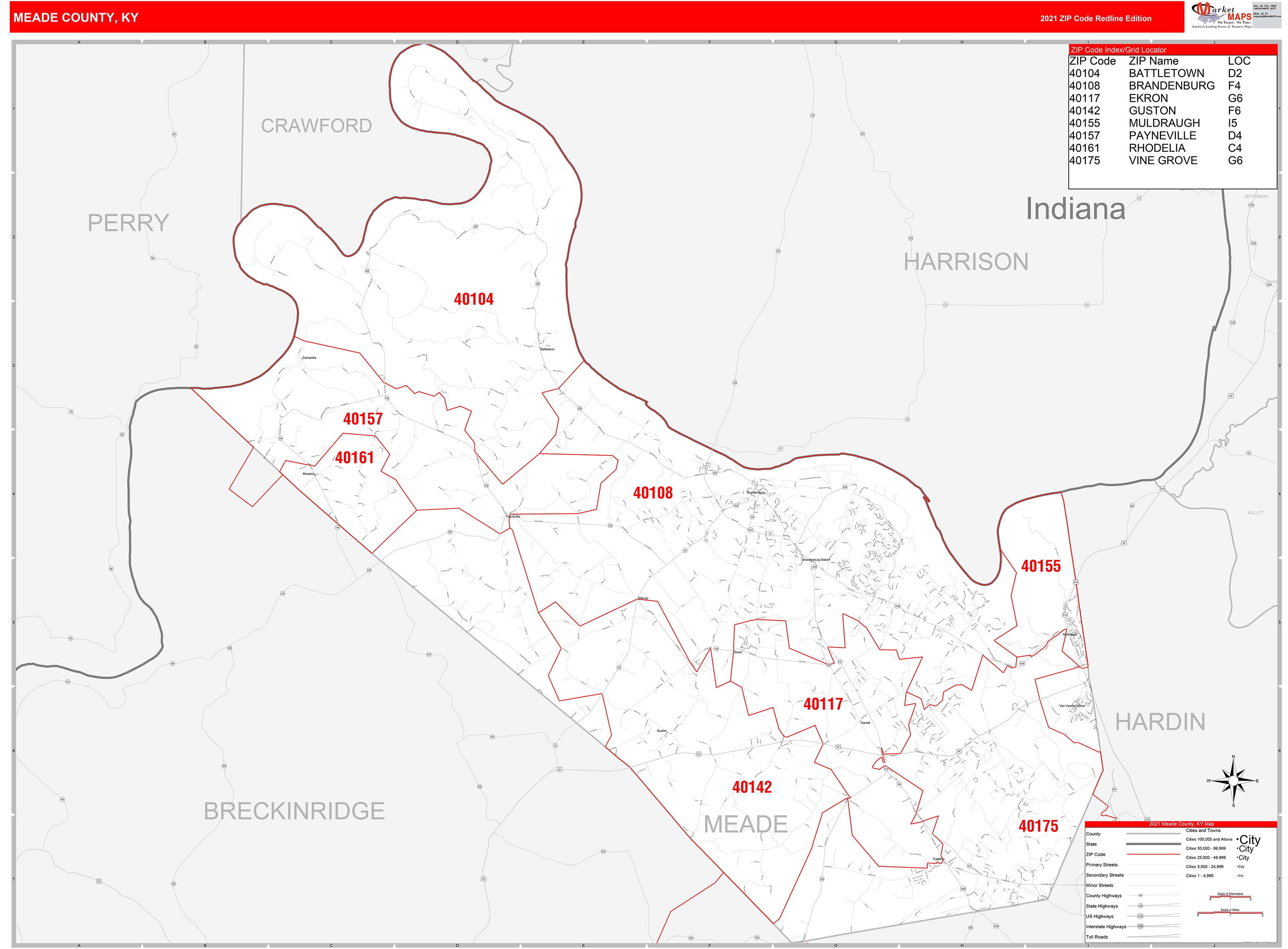 Meade County, KY Zip Code Wall Map Red Line Style by MarketMAPS MapSales